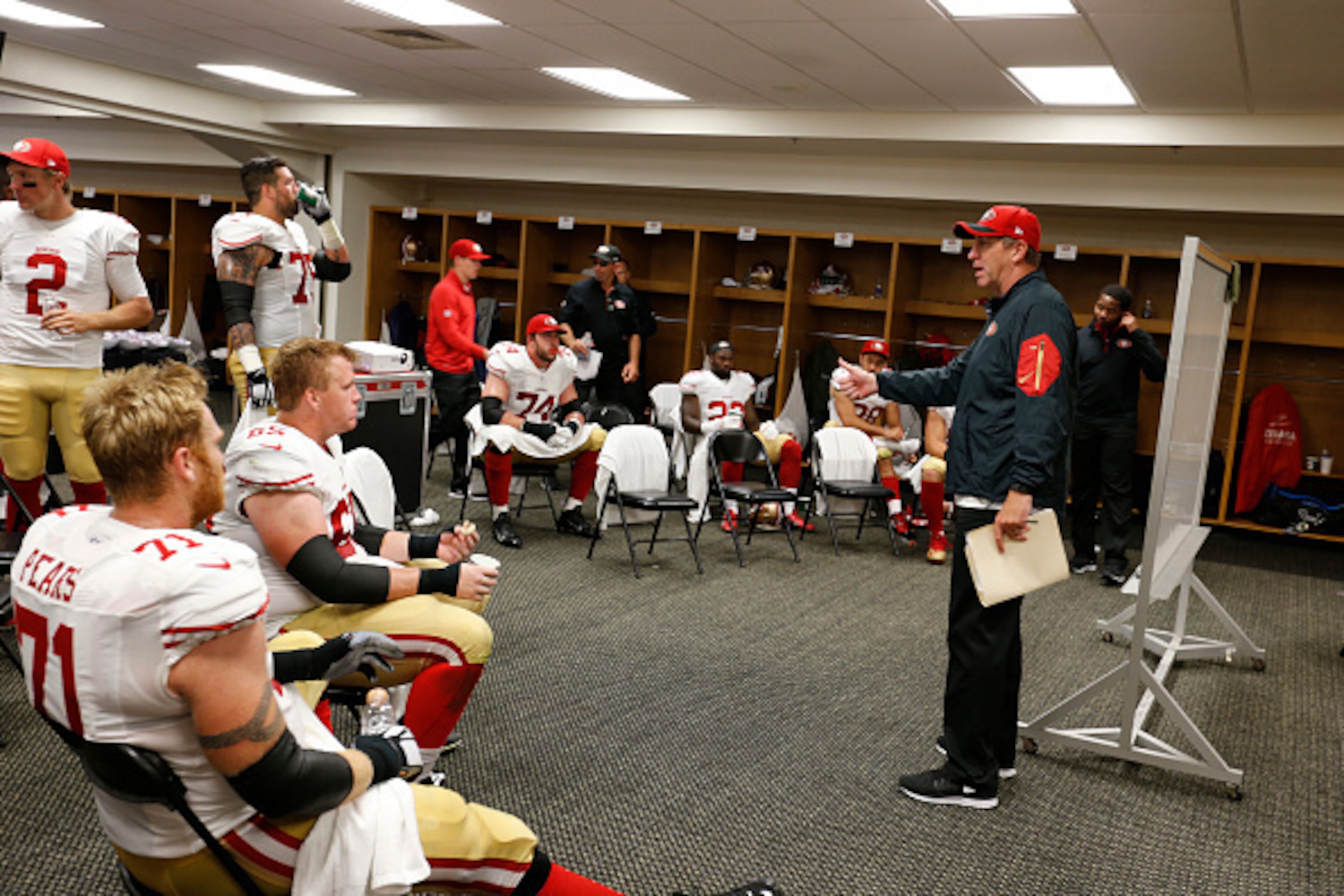 PITTSBURGH, PA - SEPTEMBER 20: Offensive Coordinator Geep Chryst of the San Francisco 49ers addresses the team in the locker room during halftime of the game against Pittsburgh Steelers at Heinz Field on September 20, 2015 in Pittsburgh, Pennsylvania. The