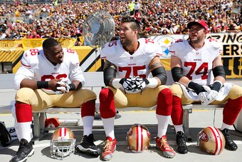 PITTSBURGH, PA - SEPTEMBER 20: Marcus Martin #66, Alex Boone #75 and Joe Staley #74 of the San Francisco 49ers sit on the bench during the game against the  Pittsburgh Steelers at Heinz Field on September 20, 2015 in Pittsburgh, Pennsylvania. The Steelers