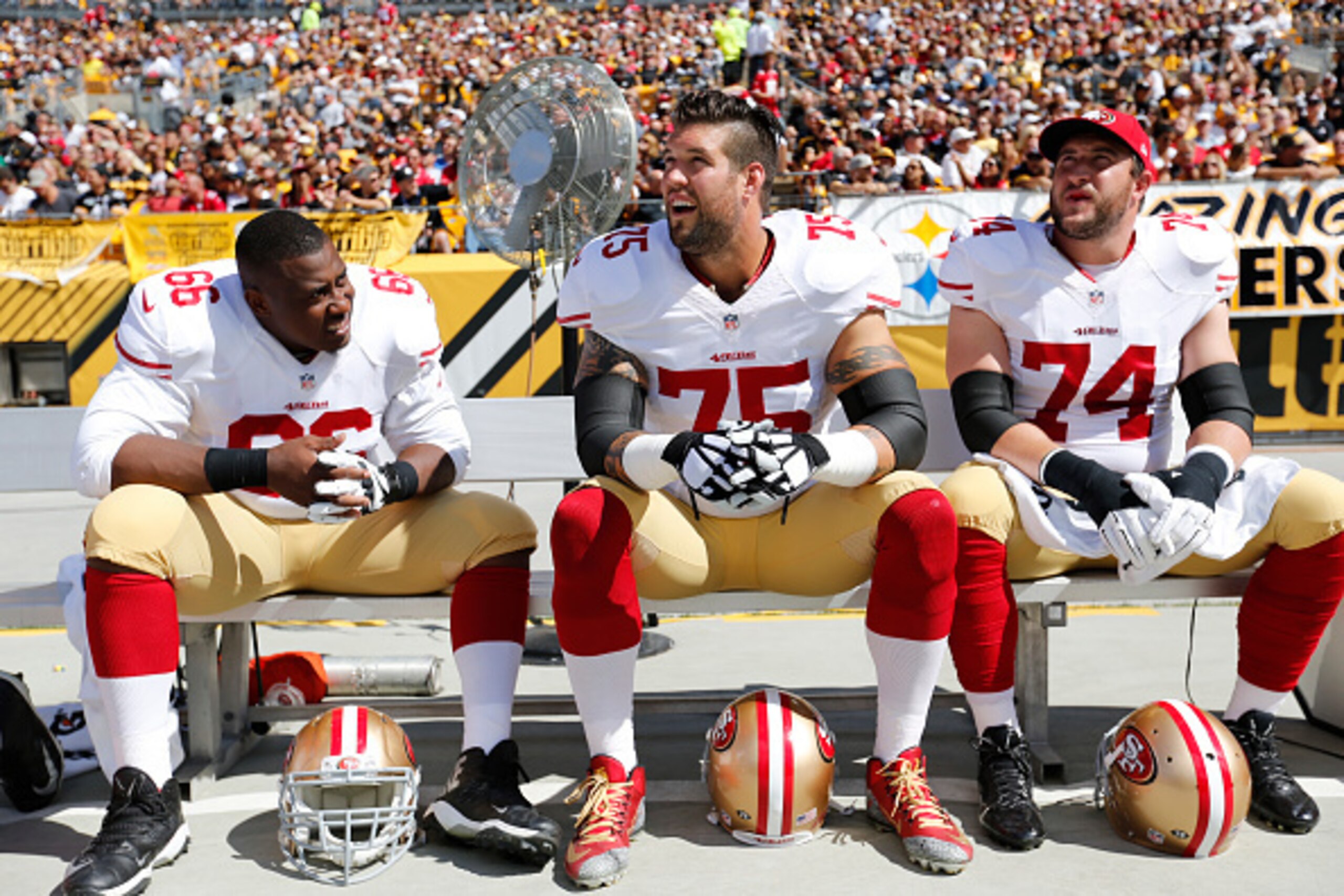 PITTSBURGH, PA - SEPTEMBER 20: Marcus Martin #66, Alex Boone #75 and Joe Staley #74 of the San Francisco 49ers sit on the bench during the game against the  Pittsburgh Steelers at Heinz Field on September 20, 2015 in Pittsburgh, Pennsylvania. The Steelers