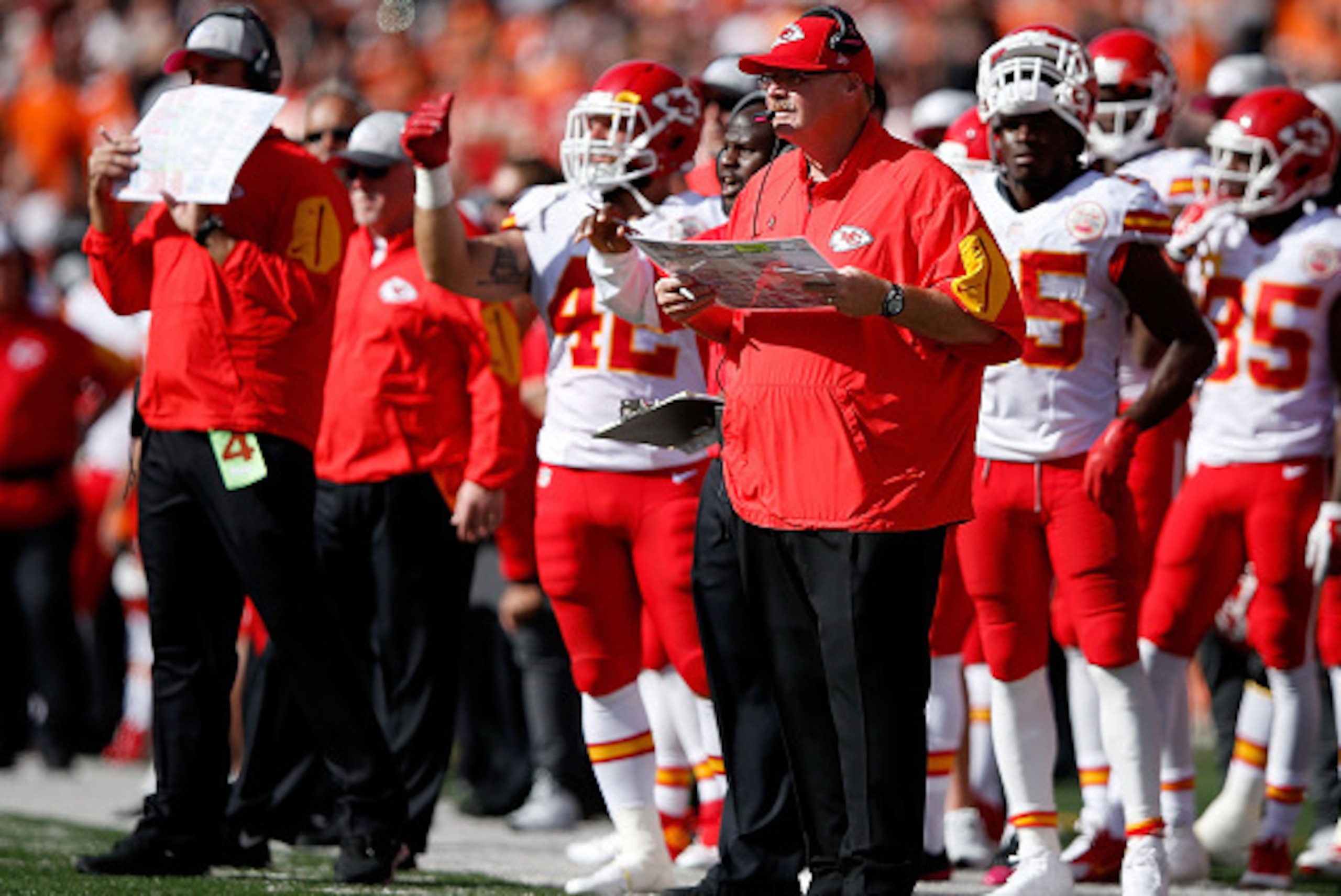 CINCINNATI, OH - OCTOBER 4:  Head Coach Andy Reid of the Kansas City Chiefs calls a play during the fourth quarter of the game agains the Cincinnati Bengals at Paul Brown Stadium on October 4, 2015 in Cincinnati, Ohio. Cincinnati defeated Kansas City 36-2