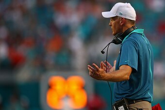 MIAMI GARDENS, FL - SEPTEMBER 27: Head coach Joe Philbin of the Miami Dolphins reacts during the game against the Buffalo Bills at Sun Life Stadium on September 27, 2015 in Miami Gardens, Florida.  (Photo by Rob Foldy/Getty Images)