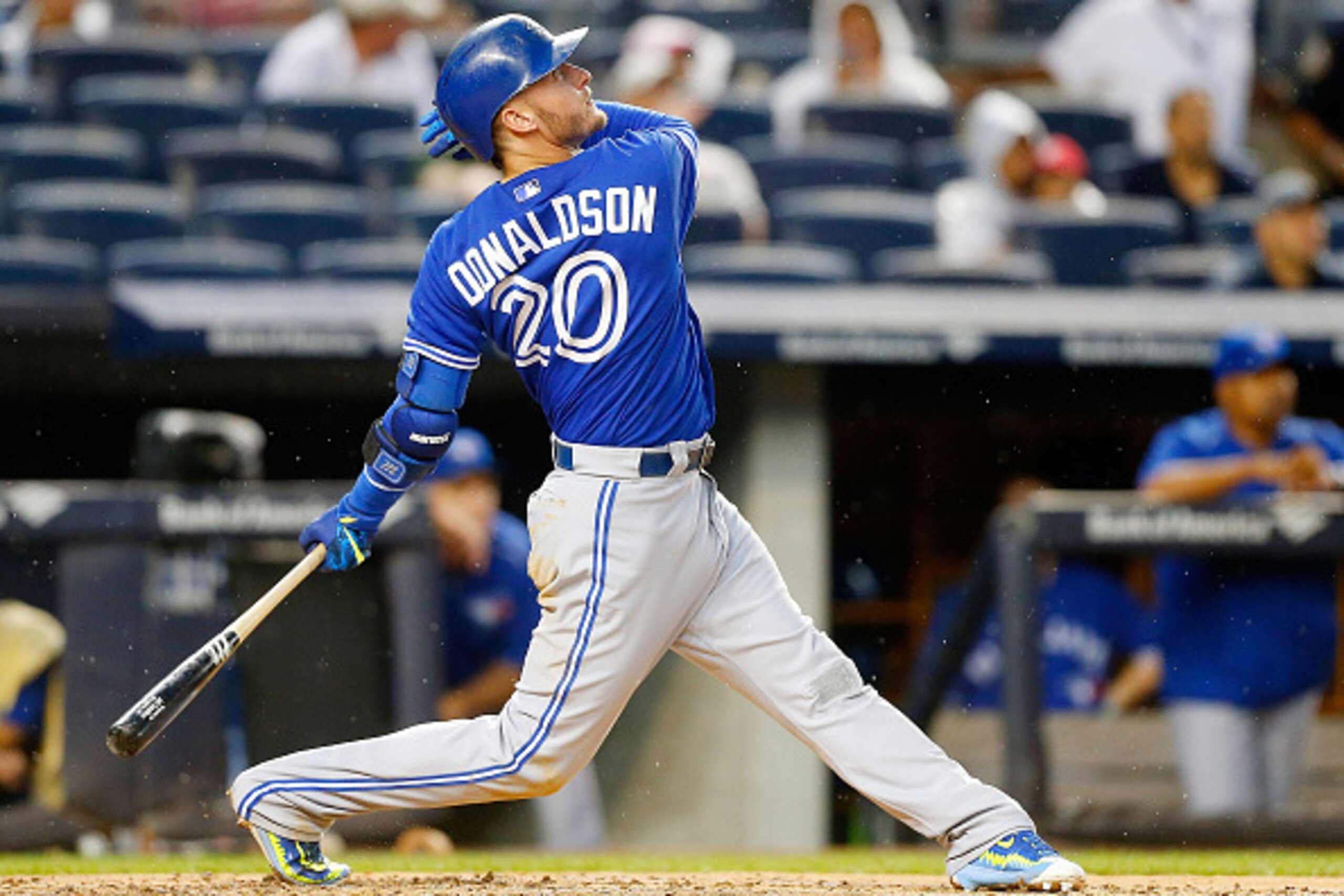 NEW YORK, NY - SEPTEMBER 12:  Josh Donaldson #20 of the Toronto Blue Jays in action against the New York Yankees at Yankee Stadium on September 12, 2015 in the Bronx borough of New York City. The Jays defeated the Yankees 10-7.  (Photo by Jim McIsaac/Gett
