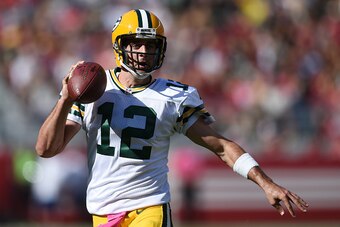 SANTA CLARA, CA - OCTOBER 04:  Quarterback Aaron Rodgers #12 of the Green Bay Packers looks to throw a pass against the San Francisco 49ers during their NFL game at Levi's Stadium on October 4, 2015 in Santa Clara, California.  (Photo by Thearon W. Hender