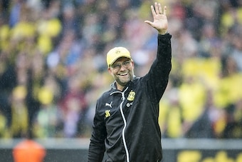 coach Jurgen Klopp of Borussia Dortmund thanks the supporters during the Bundesliga match between Borussia Dortmund and Werder Bremen on May 23, 2015 at the Signal Iduna Park in Dortmund, Germany.(Photo by VI Images via Getty Images)