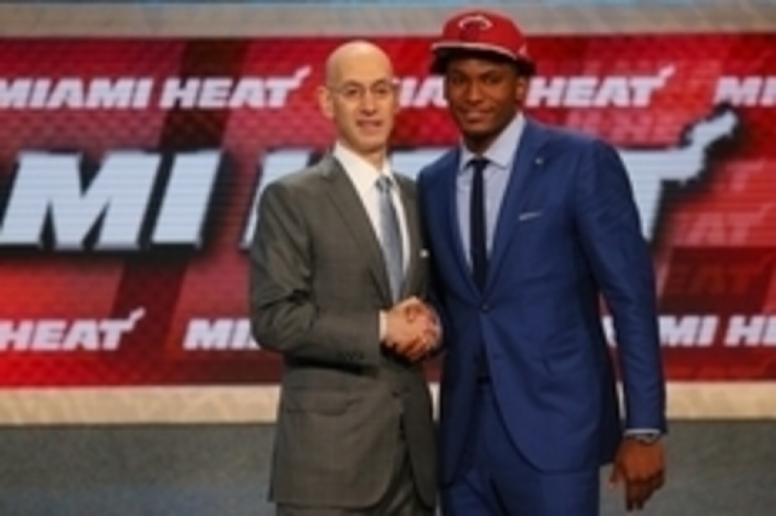 Jun 25, 2015; Brooklyn, NY, USA; Justise Winslow (Duke) greets NBA commissioner Adam Silver after being selected as the number ten overall pick to the Miami Heat in the first round of the 2015 NBA Draft at Barclays Center. Mandatory Credit: Brad Penner-US Jun 25, 2015; Brooklyn, NY, USA; Justise Winslow (Duke) greets NBA commissioner Adam Silver after being selected as the number ten overall pick to the Miami Heat in the first round of the 2015 NBA Draft at Barclays Center. Mandatory Credit: Brad Penner-US