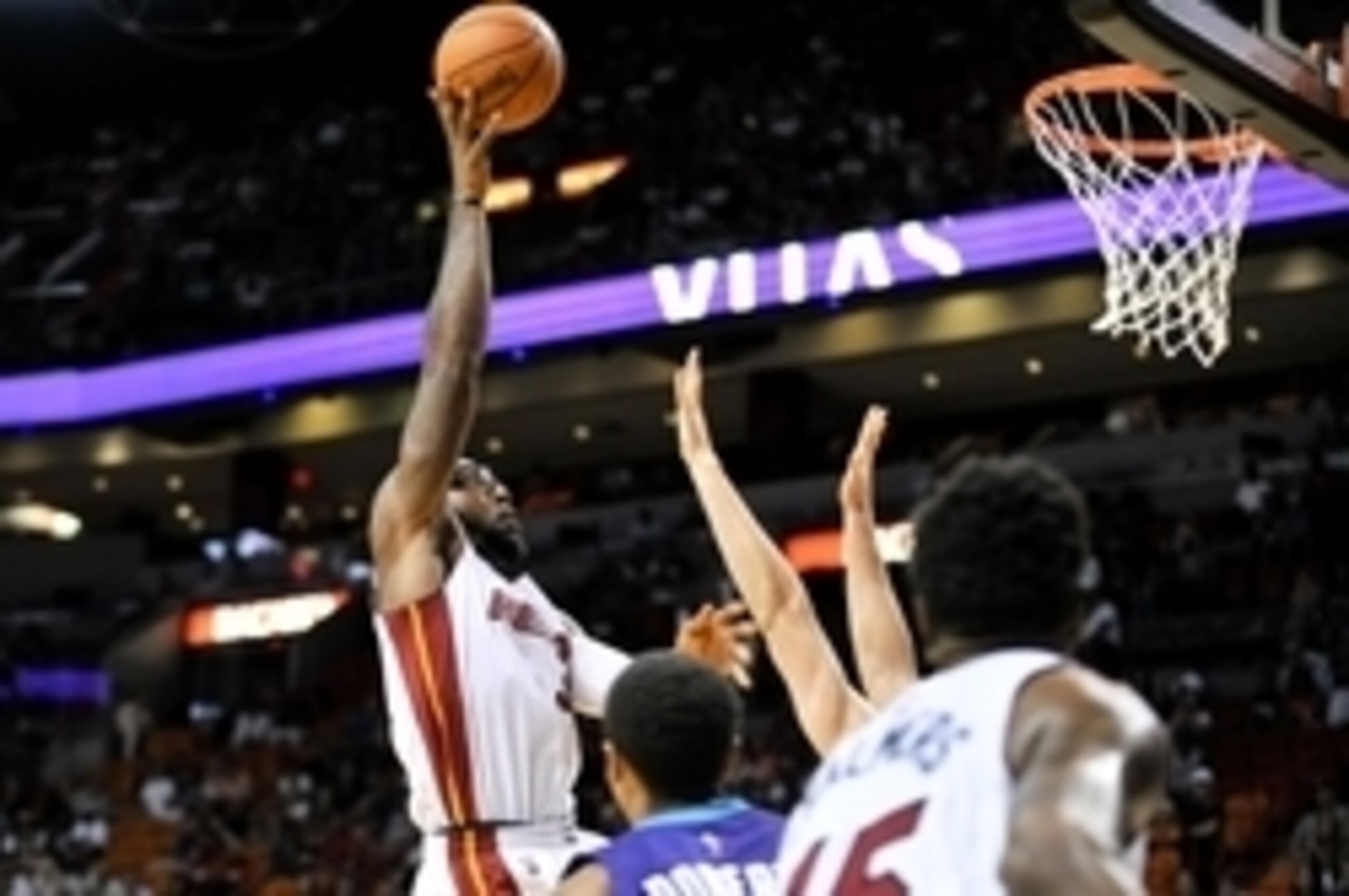 Oct 4, 2015; Miami, FL, USA; Miami Heat forward Amar'e Stoudemire (5) shoots over Charlotte Hornets players during the second half at American Airlines Arena. Mandatory Credit: Steve Mitchell-USA TODAY Sports