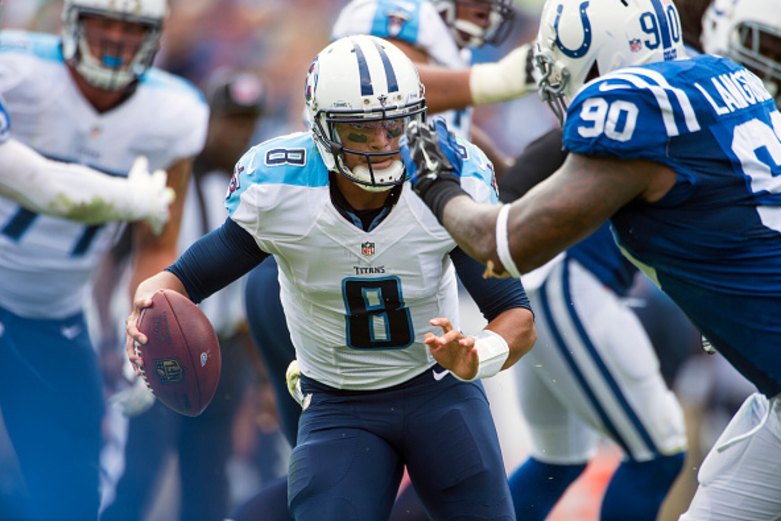 NASHVILLE, TN - SEPTEMBER 27:  Quarterback Marcus Mariota #8 of the Tennessee Titans scrambles during a NFL game against the Indianapolis Colts at Nissan Stadium on September 27, 2015 in Nashville, Tennessee.  (Photo by Ronald C. Modra/Sports Imagery/Gett