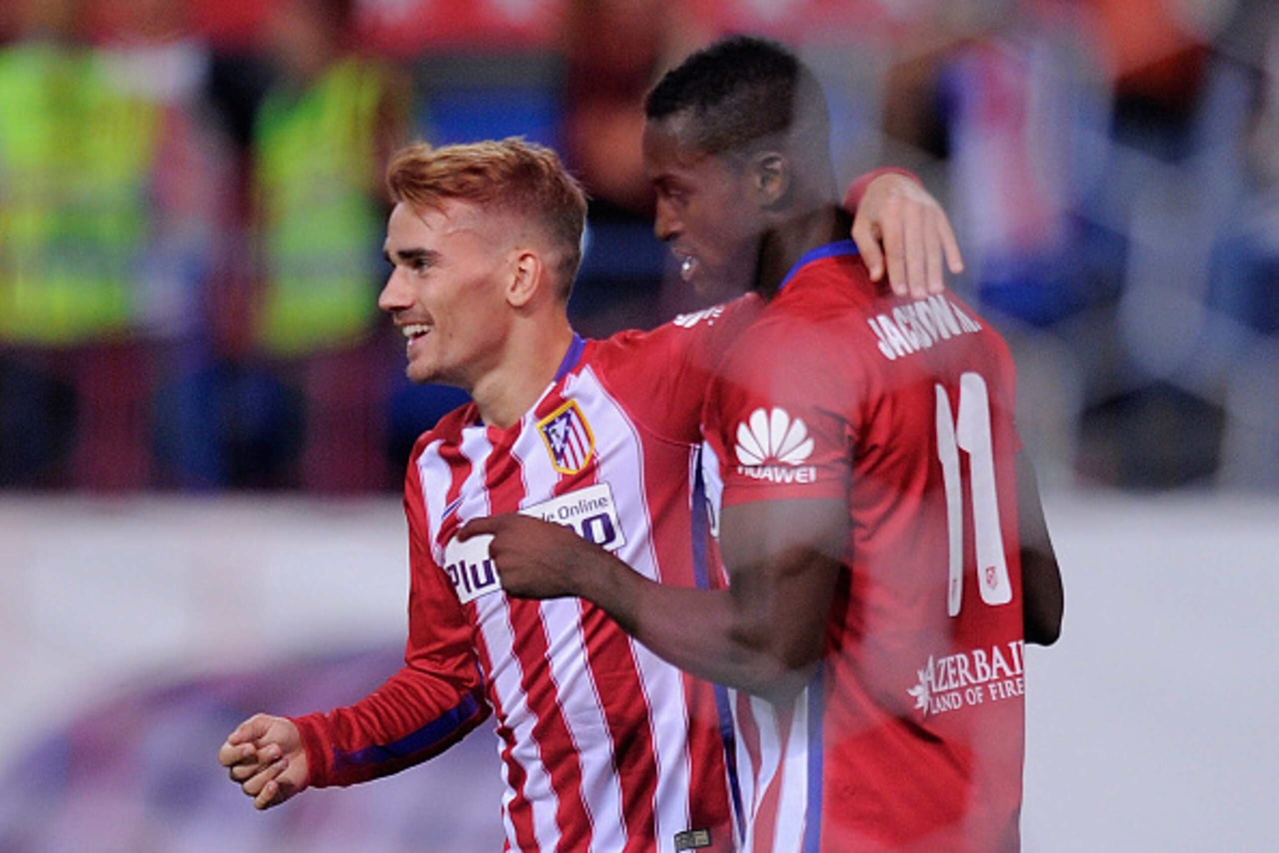 MADRID, SPAIN - SEPTEMBER 22:  Antoine Greizmann of Club Atletico de Madrid celebrates with Jackson Martinez after scoring his team's 2nd goal during the La Liga match between Atletico de Madrid and Getafe at Vicente Calderon Stadium on September 22, 2015
