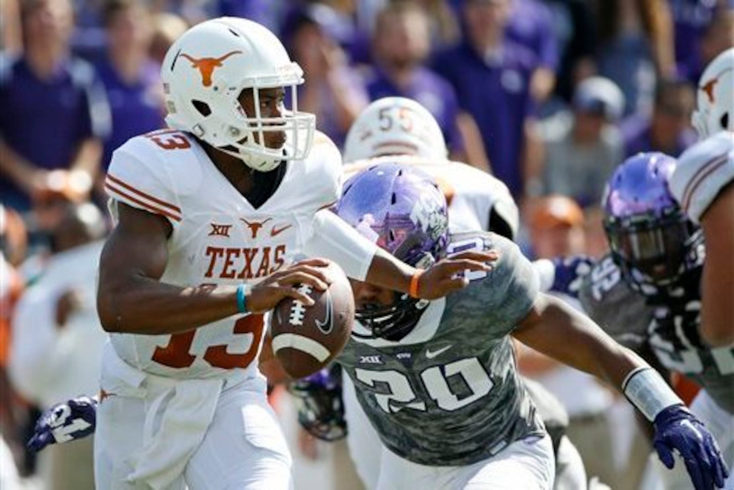 With his right tackle on the shelf, it's been tough sledding for Texas quarterback Jerrod Heard. With his right tackle on the shelf, it's been tough sledding for Texas quarterback Jerrod Heard.