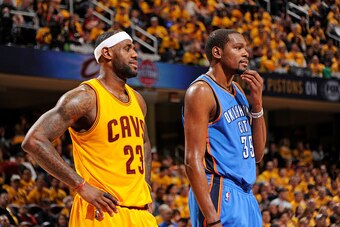 CLEVELAND, OH - JANUARY 25:  LeBron James #23 of the Cleveland Cavaliers and Kevin Durant #35 of the Oklahoma City Thunder during the game on January 25, 2015 at Quicken Loans Arena in Cleveland, Ohio. NOTE TO USER: User expressly acknowledges and agrees 
