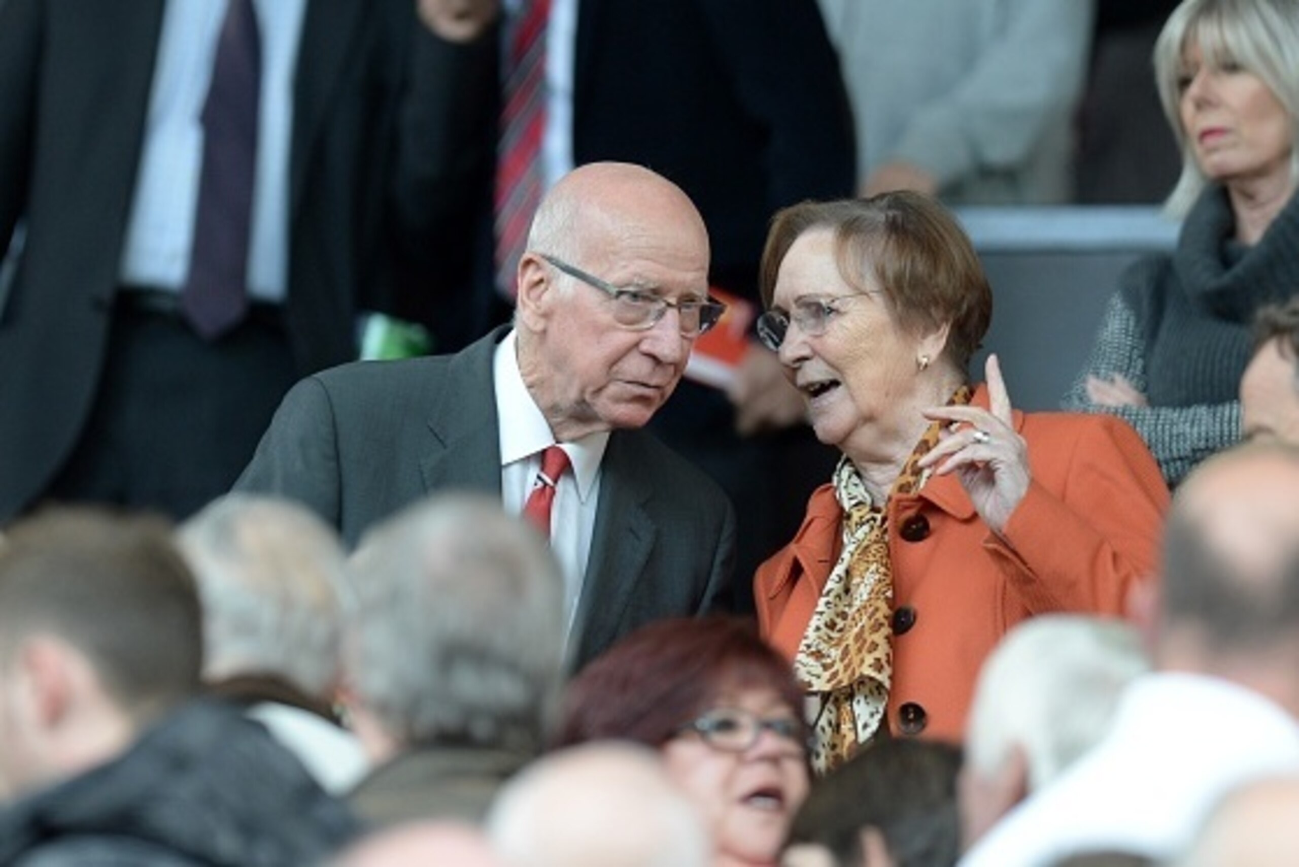 Manchester United legend Bobby Charlton and his wife Norma are pictured in the crowd ahead of the English Premier League football match between Manchester United and Sunderland at Old Trafford in Manchester, north west England, on September 26, 2015. AFP Manchester United legend Bobby Charlton and his wife Norma are pictured in the crowd ahead of the English Premier League football match between Manchester United and Sunderland at Old Trafford in Manchester, north west England, on September 26, 2015. AFP