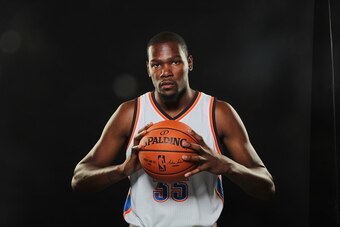 EDMOND, OK - SEPTEMBER 28:  Kevin Durant #35 of the Oklahoma City Thunder poses for a portrait during 2015 NBA Media Day on September 28, 2015 at the Thunder Events Center in Edmond, Oklahoma. NOTE TO USER: User expressly acknowledges and agrees that, by 