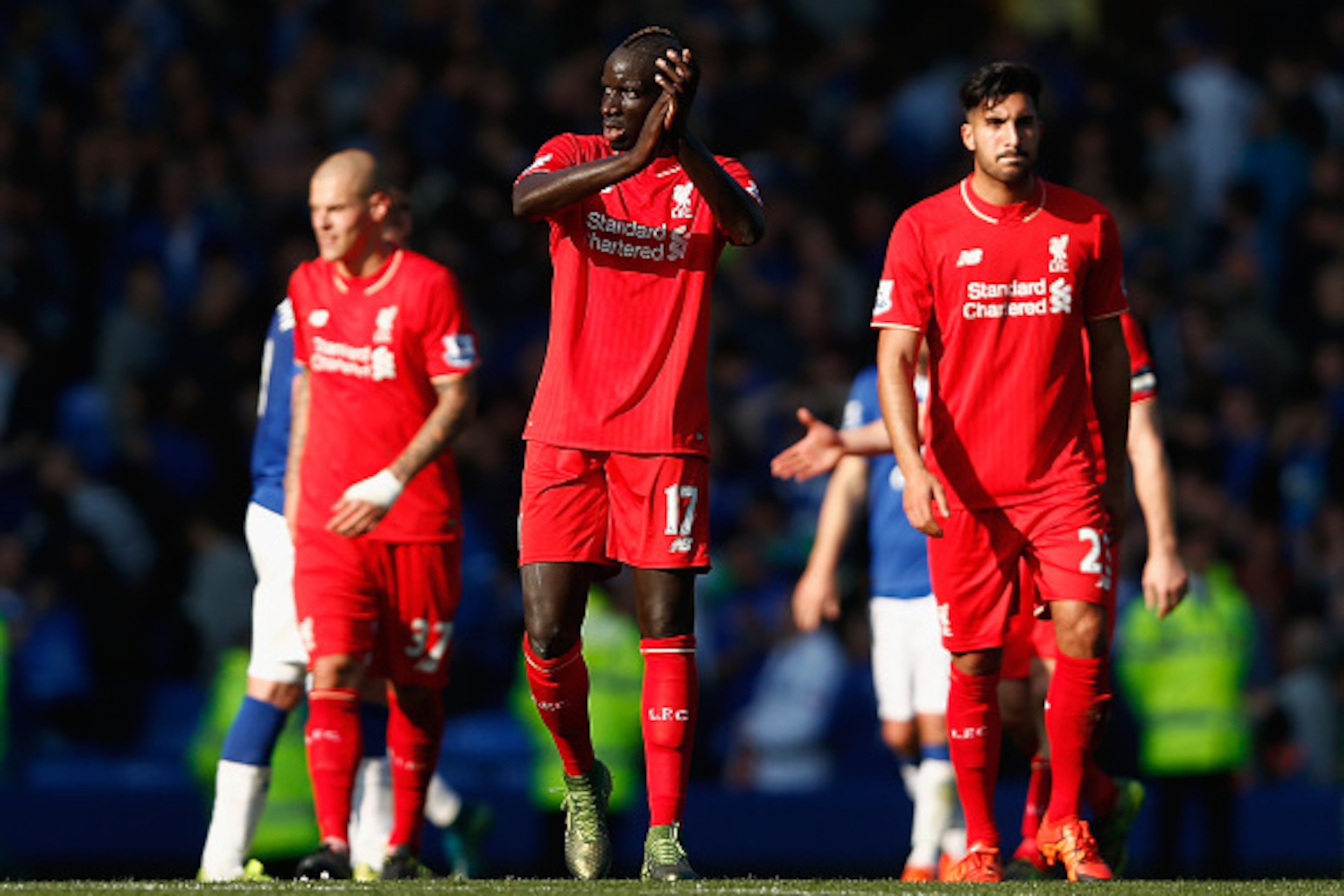 LIVERPOOL, ENGLAND - OCTOBER 04:  Mamadou Sakho of Liverpool, Emre Can of Liverpool and Martin Skrtel of Liverpool react after the Barclays Premier League match between Everton and Liverpool at Goodison Park on October 4, 2015 in Liverpool, England.  (Pho