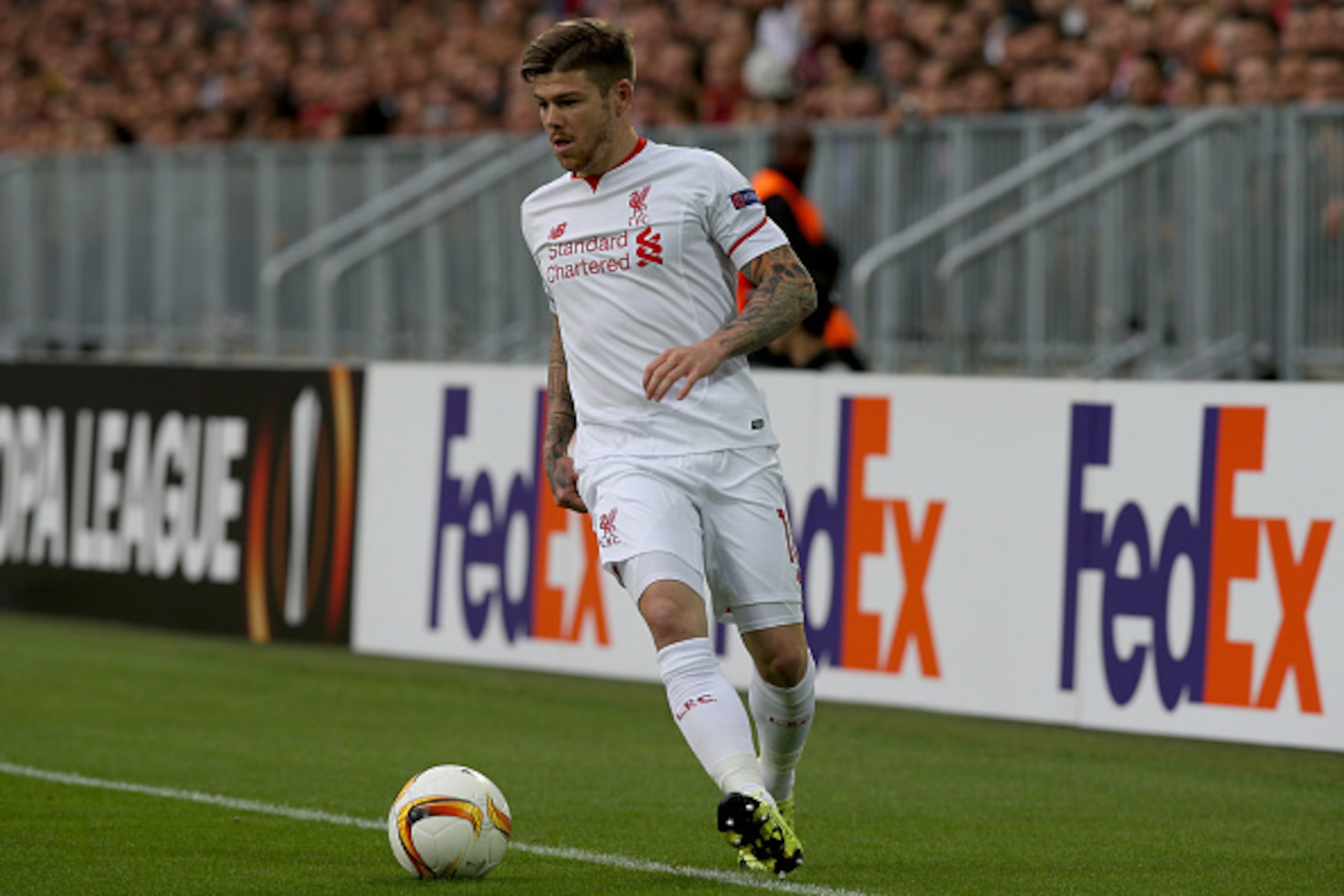 BORDEAUX, FRANCE - SEPTEMBER 17: Alberto Moreno for Liverpool FC in action during the Europa League game between FC Girondins de Bordeaux and Liverpool FC at Matmut Atlantique Stadium on September 17, 2015 in Bordeaux, France.  (Photo by Romain Perrocheau
