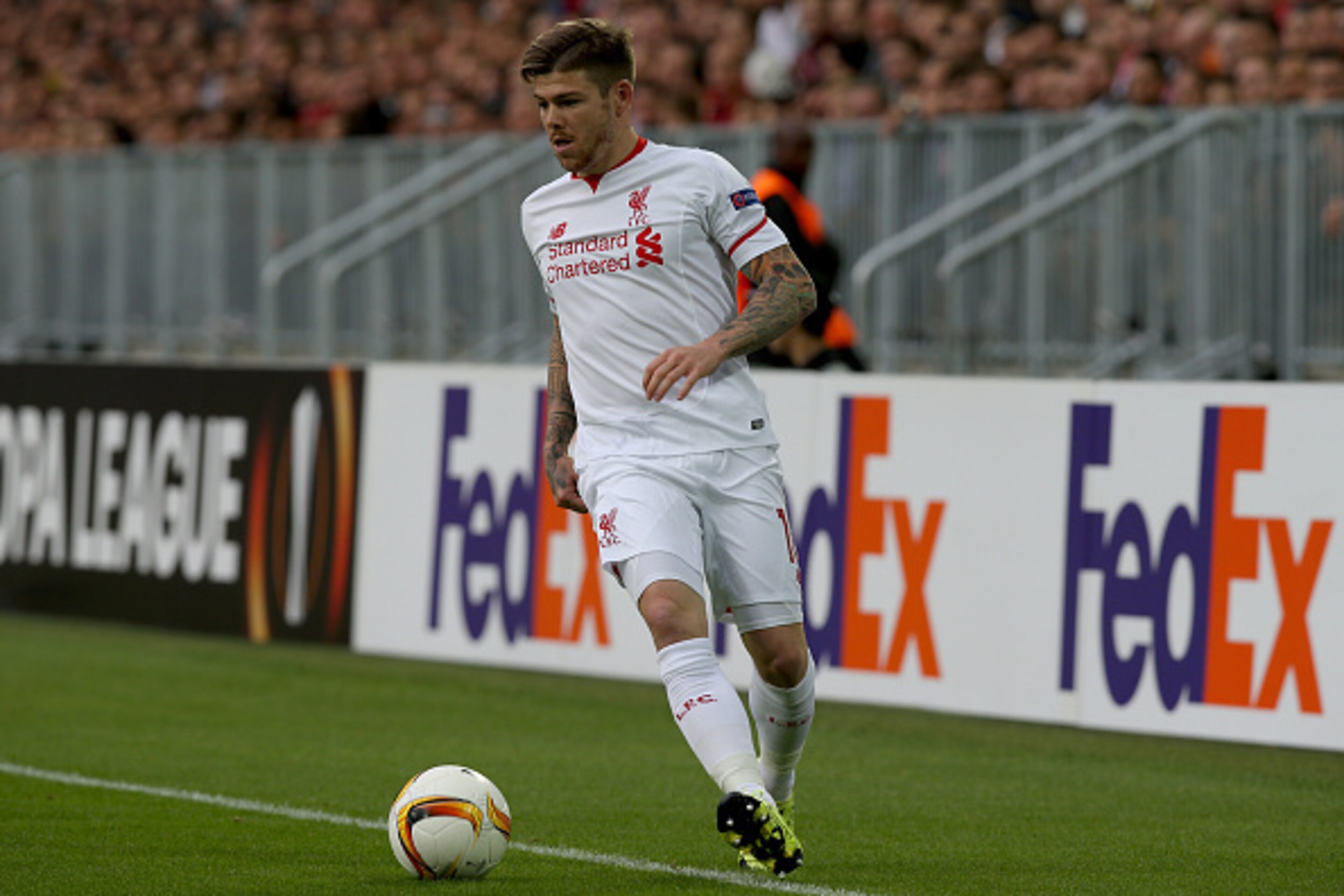 BORDEAUX, FRANCE - SEPTEMBER 17: Alberto Moreno for Liverpool FC in action during the Europa League game between FC Girondins de Bordeaux and Liverpool FC at Matmut Atlantique Stadium on September 17, 2015 in Bordeaux, France.  (Photo by Romain Perrocheau