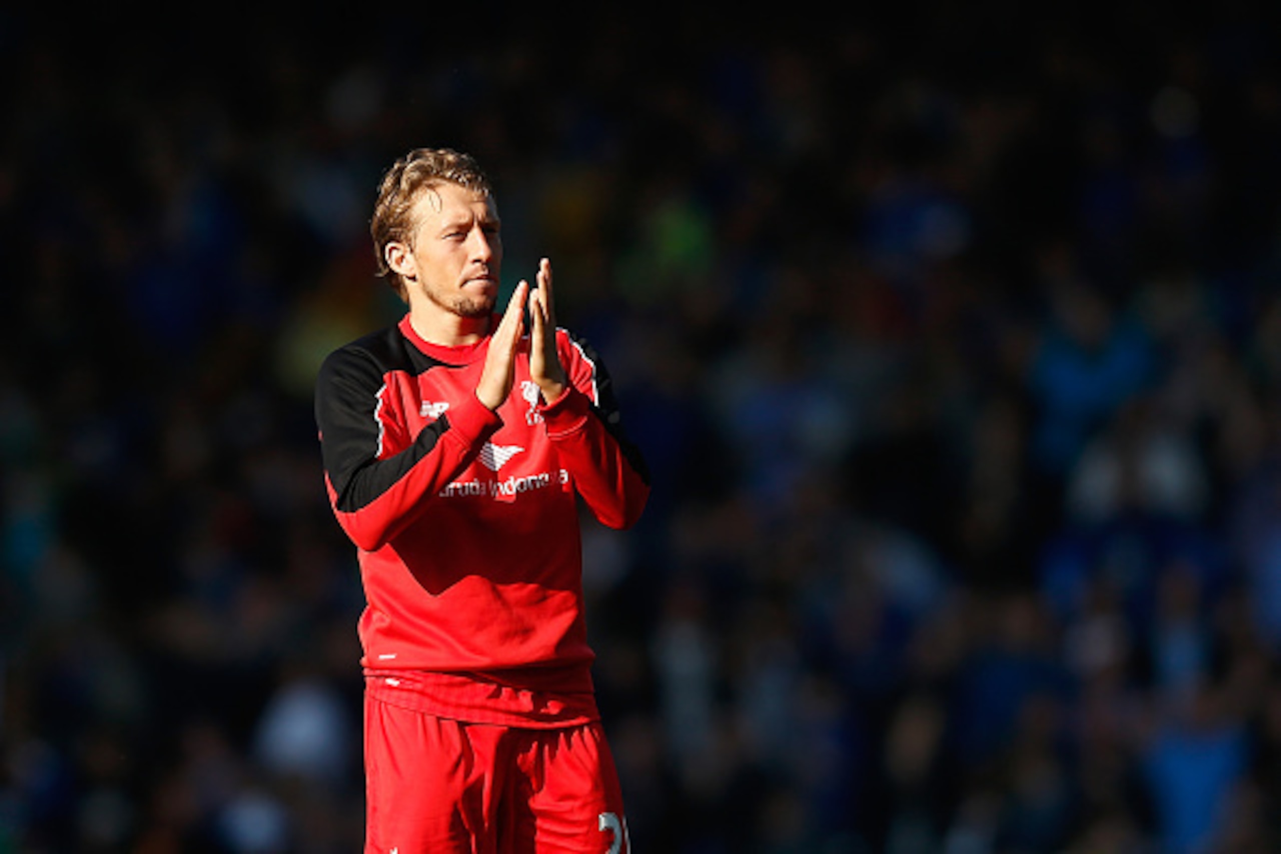 LIVERPOOL, ENGLAND - OCTOBER 04:  Lucas Leiva of Liverpool claps the away support after the Barclays Premier League match between Everton and Liverpool at Goodison Park on October 4, 2015 in Liverpool, England.  (Photo by Dean Mouhtaropoulos/Getty Images)