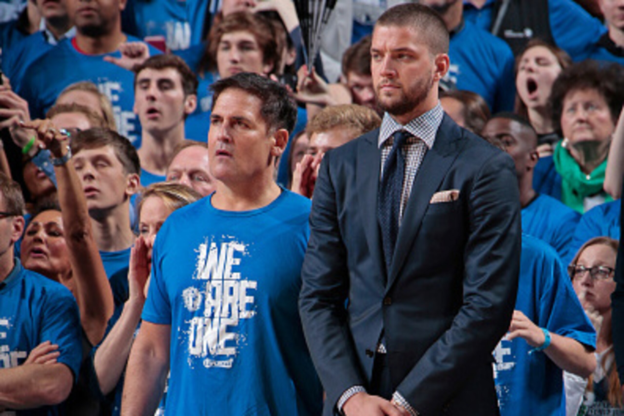 DALLAS, TX - APRIL 24:  Chandler Parsons #25 stands next to Mark Cuban, owner of the Dallas Mavericks against the Houston Rockets during Game Three of the Western Conference Quarterfinals of the 2015 NBA Playoffs on April 24, 2015 at the American Airlines