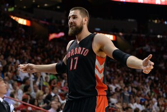 Apr 11, 2015; Miami, FL, USA; Toronto Raptors center Jonas Valanciunas (17) reacts after fouling out of the game during the second half against the Miami Heat at American Airlines Arena. Mandatory Credit: Steve Mitchell-USA TODAY Sports