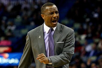 Feb 23, 2015; New Orleans, LA, USA;  Toronto Raptors head coach Dwane Casey reacts against the New Orleans Pelicans during the second half of a game at the Smoothie King Center. The Pelicans defeated the Raptors 100-97. Mandatory Credit: Derick E. Hingle-