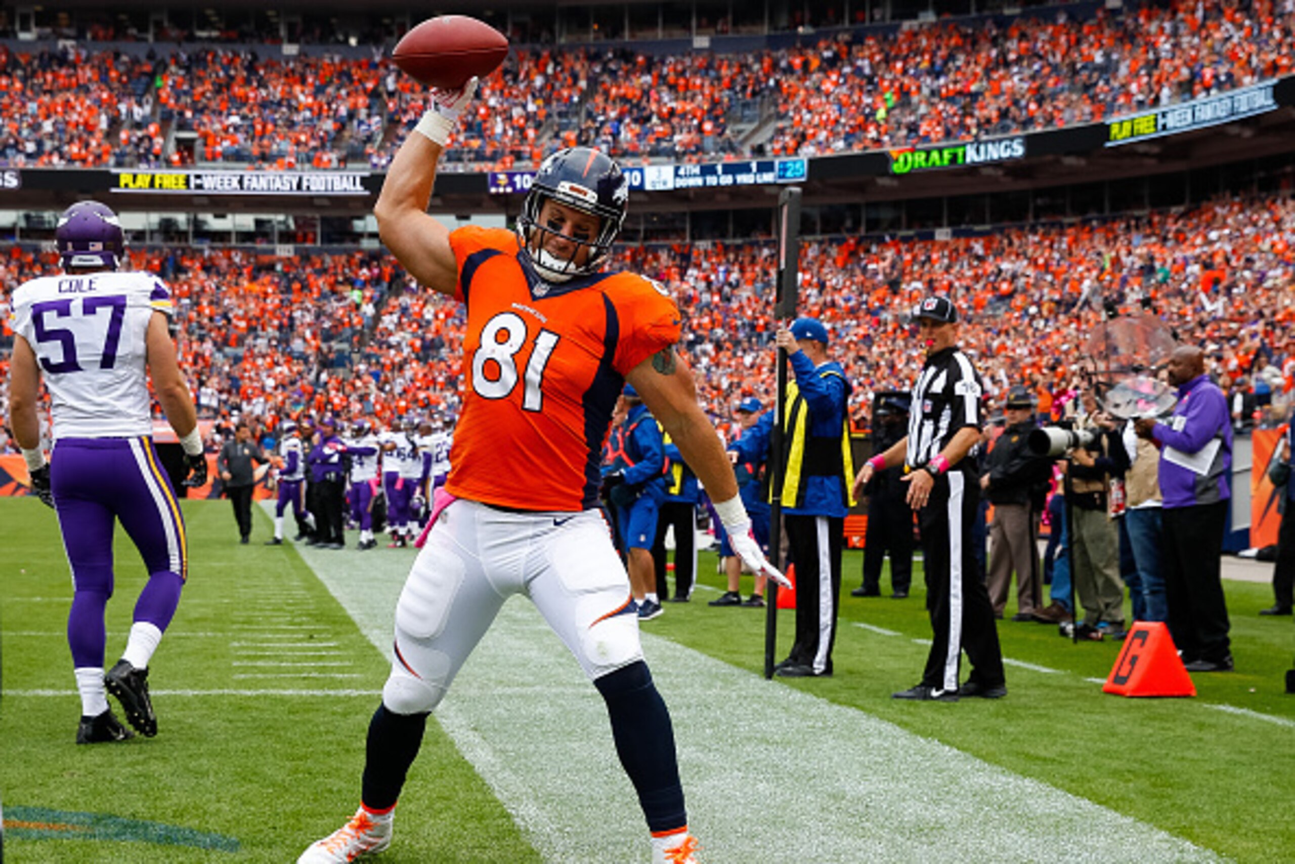 DENVER, CO - OCTOBER 4: Tight end Owen Daniels #81 of the Denver Broncos celebrates in the end zone after a second quarter passing play against the Minnesota Vikings during a game at Sports Authority Field at Mile High on October 4, 2015 in Denver, Color DENVER, CO - OCTOBER 4: Tight end Owen Daniels #81 of the Denver Broncos celebrates in the end zone after a second quarter passing play against the Minnesota Vikings during a game at Sports Authority Field at Mile High on October 4, 2015 in Denver, Color