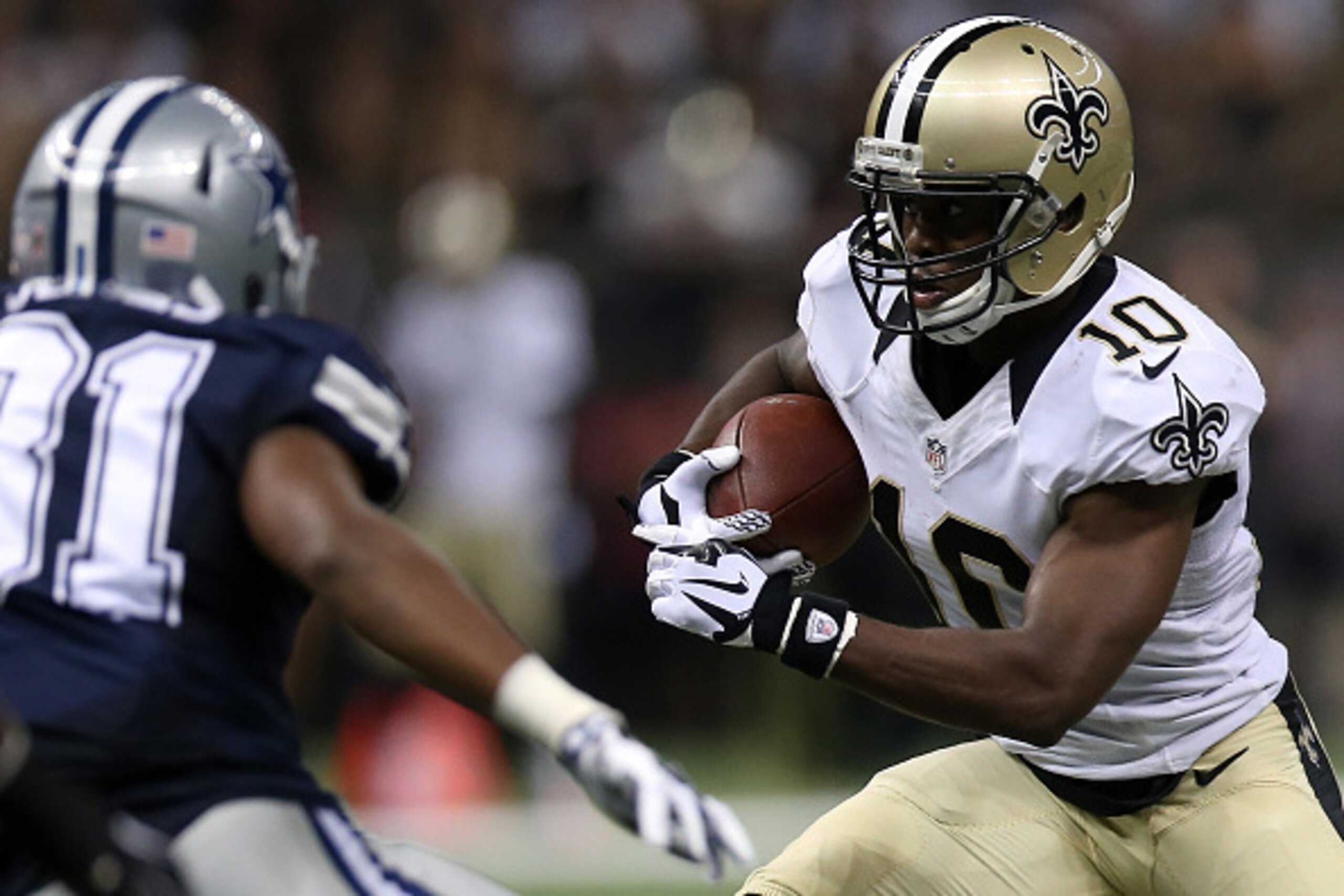 NEW ORLEANS, LA - OCTOBER 04:  Brandin Cooks #10 of the New Orleans Saints runs the ball during the third quarter against the Dallas Cowboys at Mercedes-Benz Superdome on October 4, 2015 in New Orleans, Louisiana.  (Photo by Chris Graythen/Getty Images)