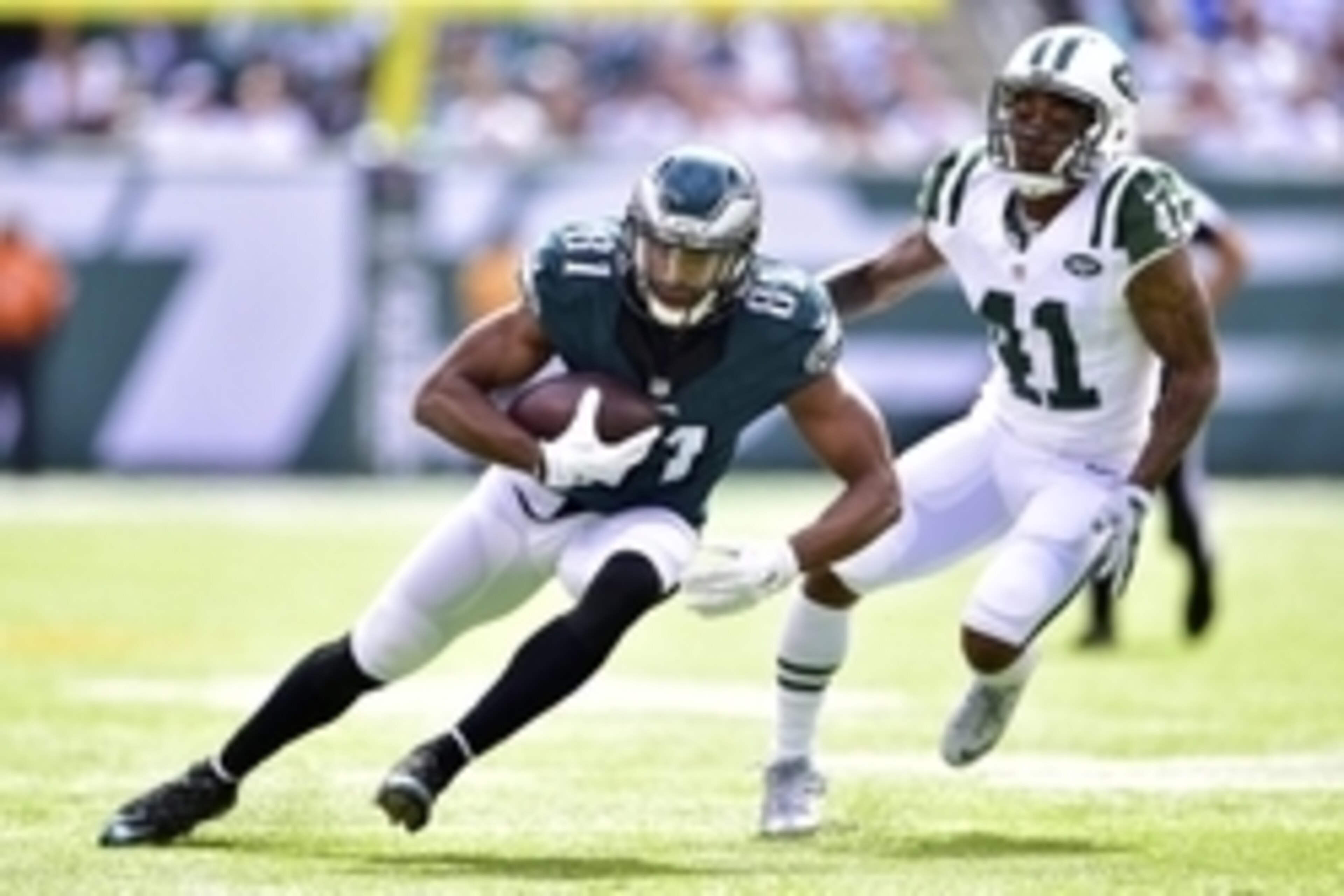 Sep 27, 2015; East Rutherford, NJ, USA; Philadelphia Eagles wide receiver Jordan Matthews (81) is pursued by New York Jets defensive back Buster Skrine (41) during the first quarter at MetLife Stadium. Mandatory Credit: Steven Ryan-USA TODAY Sports Sep 27, 2015; East Rutherford, NJ, USA; Philadelphia Eagles wide receiver Jordan Matthews (81) is pursued by New York Jets defensive back Buster Skrine (41) during the first quarter at MetLife Stadium. Mandatory Credit: Steven Ryan-USA TODAY Sports