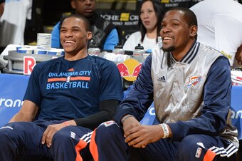 OAKLAND, CA - JANUARY 5:  Russell Westbrook #0 and Kevin Durant #35 of the Oklahoma City Thunder before the game against the Golden State Warriors on January 5, 2015 at Oracle Arena in Oakland, California. NOTE TO USER: User expressly acknowledges and agr