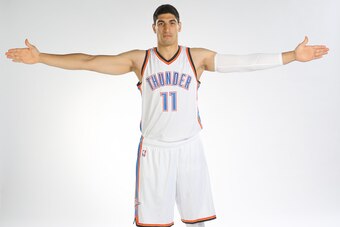 EDMOND, OK - SEPTEMBER 28:  Enes Kanter #11 of the Oklahoma City Thunder poses for a portrait during 2015 NBA Media Day on September 28, 2015 at the Thunder Events Center in Edmond, Oklahoma. NOTE TO USER: User expressly acknowledges and agrees that, by d