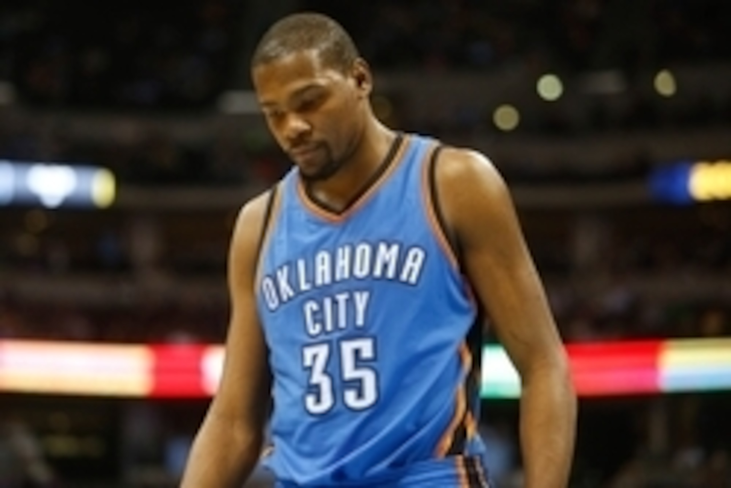 Feb 9, 2015; Denver, CO, USA; Oklahoma City Thunder forward Kevin Durant (35) during the game against the Denver Nuggets at Pepsi Center. Mandatory Credit: Chris Humphreys-USA TODAY Sports