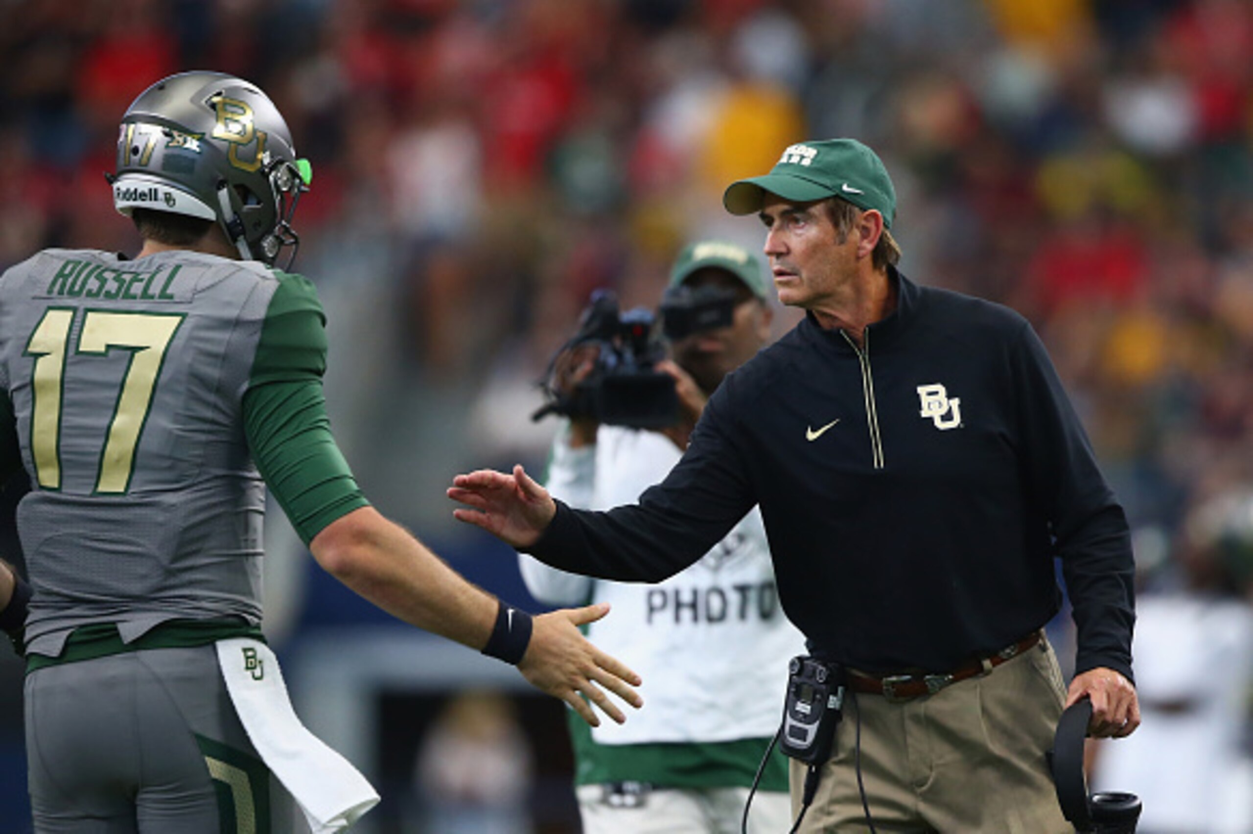 ARLINGTON, TX - OCTOBER 03:  Seth Russell #17 of the Baylor Bears celebrates his touchdown with Art Briles in the second quarter against the Texas Tech Red Raiders at AT&T Stadium on October 3, 2015 in Arlington, Texas.  (Photo by Ronald Martinez/Getty Im