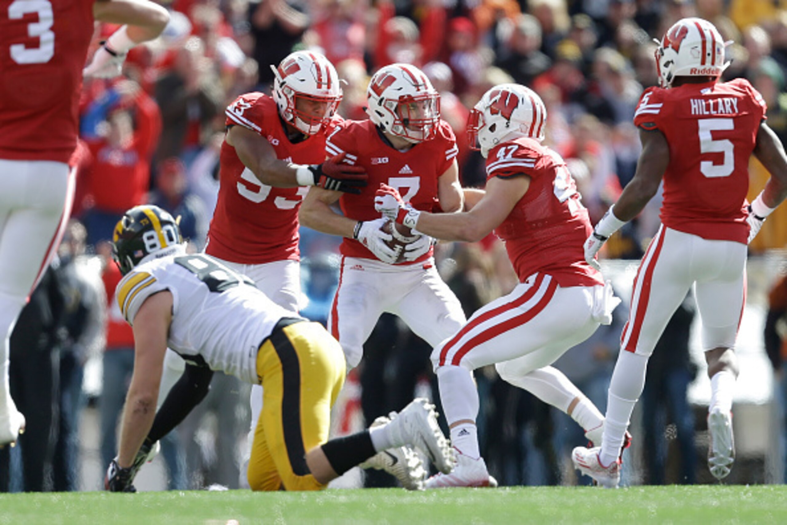 MADISON, WI - OCTOBER 03: Michael Caputo #7 of the Wisconsin Badgers celebrates after making an interception during the second half against the Iowa Hawkeyes at Camp Randall Stadium on October 03, 2015 in Madison, Wisconsin. (Photo by Mike McGinnis/Getty 