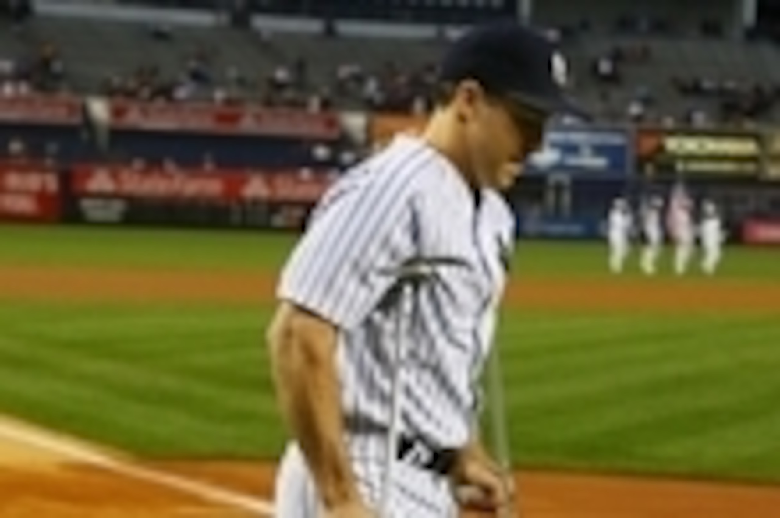 Sep 24, 2015; Bronx, NY, USA; New York Yankees infielder Mark Teixeira (25) walks on crutches prior to the game against the Chicago White Sox at Yankee Stadium. Mandatory Credit: Andy Marlin-USA TODAY Sports