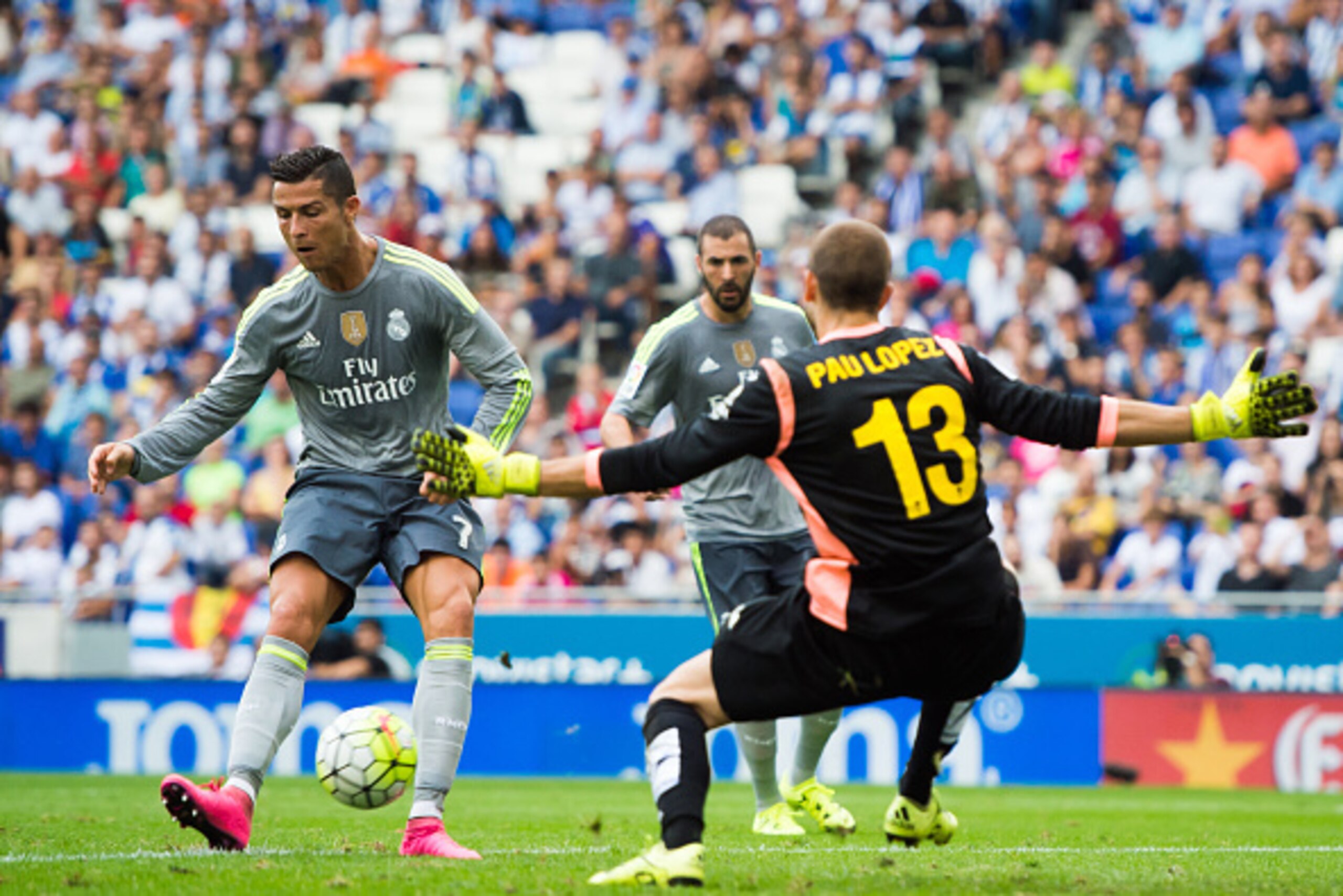 BARCELONA, SPAIN - SEPTEMBER 12:  Cristiano Ronaldo of Real Madrid CF scores his team's fifth goal during the La Liga match between RCD Espanyol and Real Madrid CF at Cornella-El Prat Stadium on September 12, 2015 in Barcelona, Spain.  (Photo by Alex Capa
