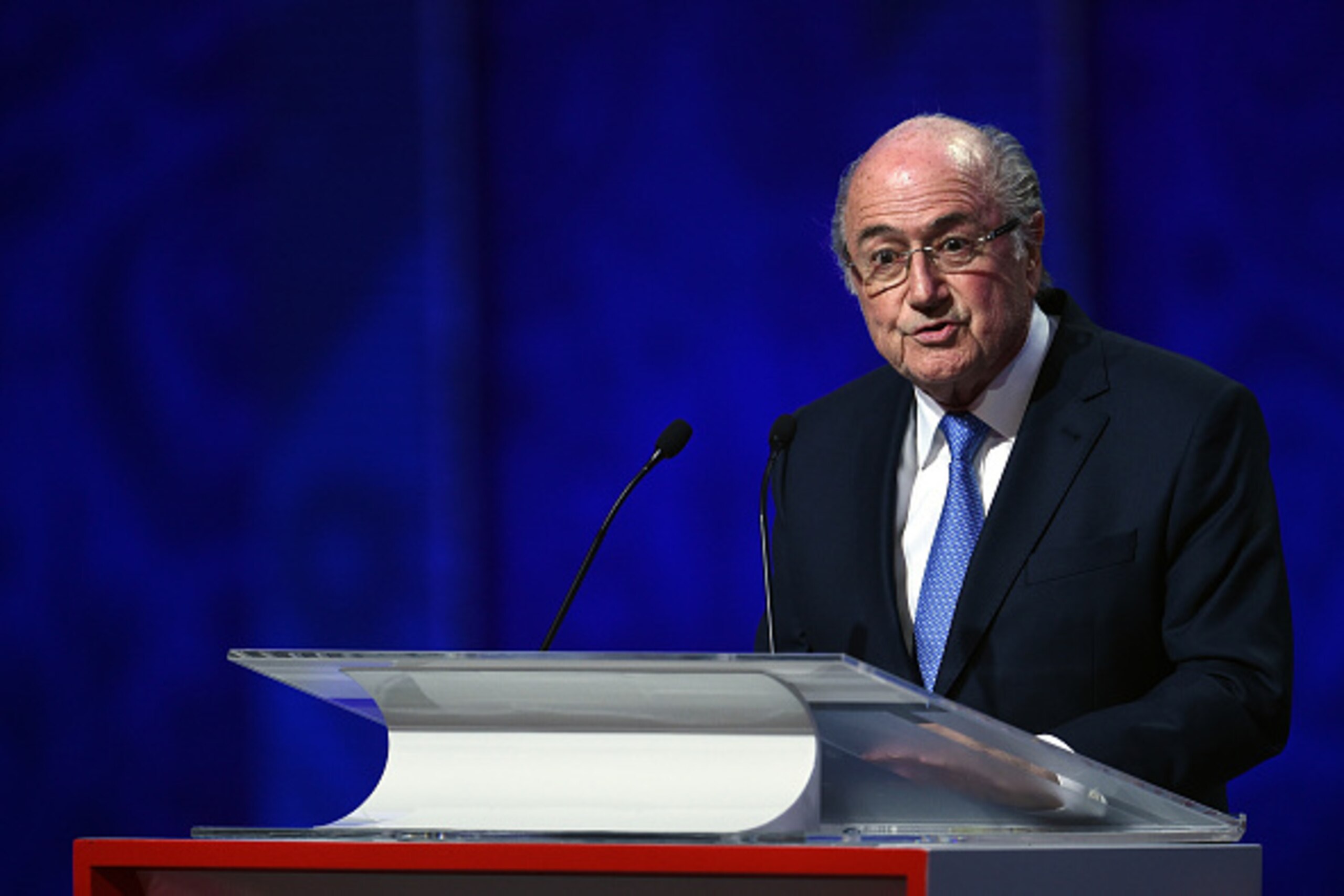 SAINT PETERSBURG, RUSSIA - JULY 25:  FIFA President Joseph S. Blatter speaks during the Preliminary Draw of the 2018 FIFA World Cup in Russia at The Konstantin Palace on July 25, 2015 in Saint Petersburg, Russia.  (Photo by Dennis Grombkowski/Getty Images