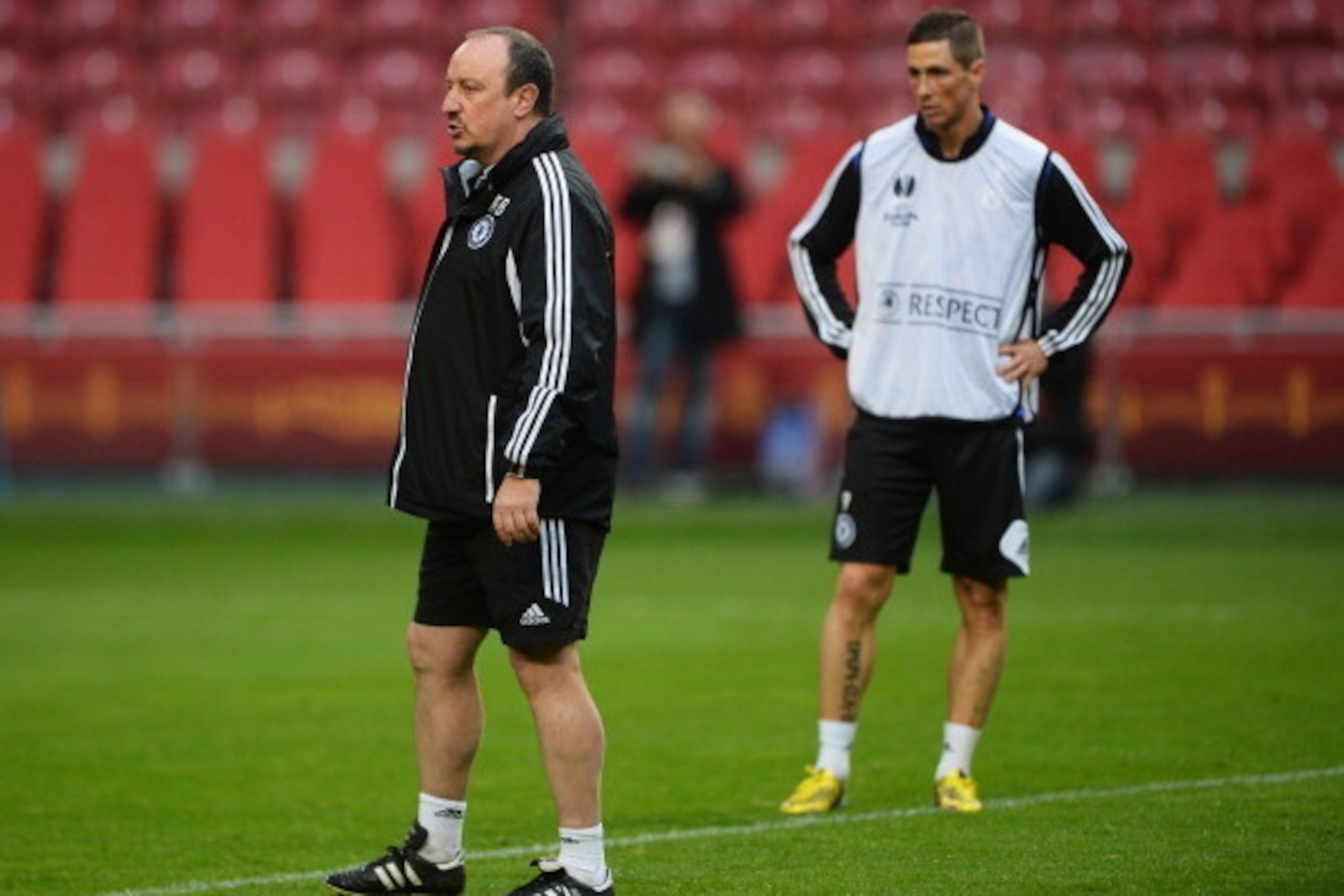 AMSTERDAM, NETHERLANDS - MAY 14:   Chelsea Interim Manager Rafael Benitez and Fernando Torres of Chelsea during a Chelsea training session ahead of the UEFA Europa League Final match against SL Benfica at the Amsterdam Arena on May 14, 2013 in Amsterdam, 