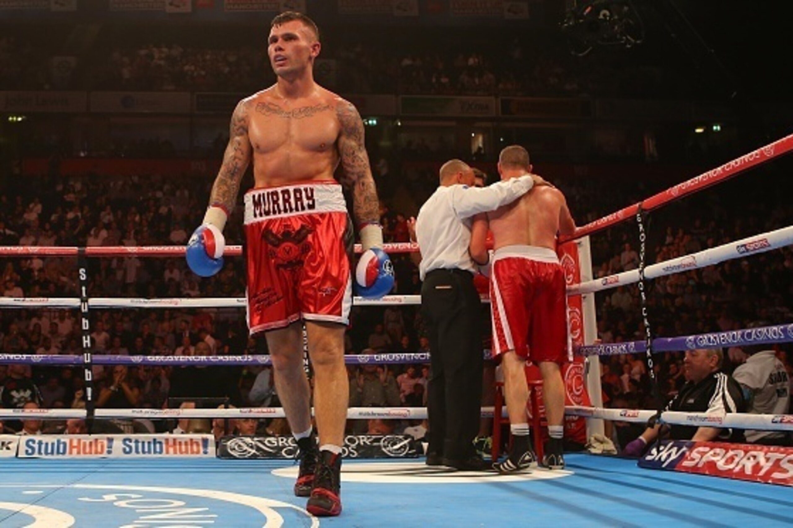 MANCHESTER, ENGLAND - JULY 18: Martin Murray makes his way back to his corner after the referee stopped the fight against Mirzet Bajrektarevic during their Super Middleweight contest at the Manchester Arena on July 18, 2015 in Manchester, England. (Photo 