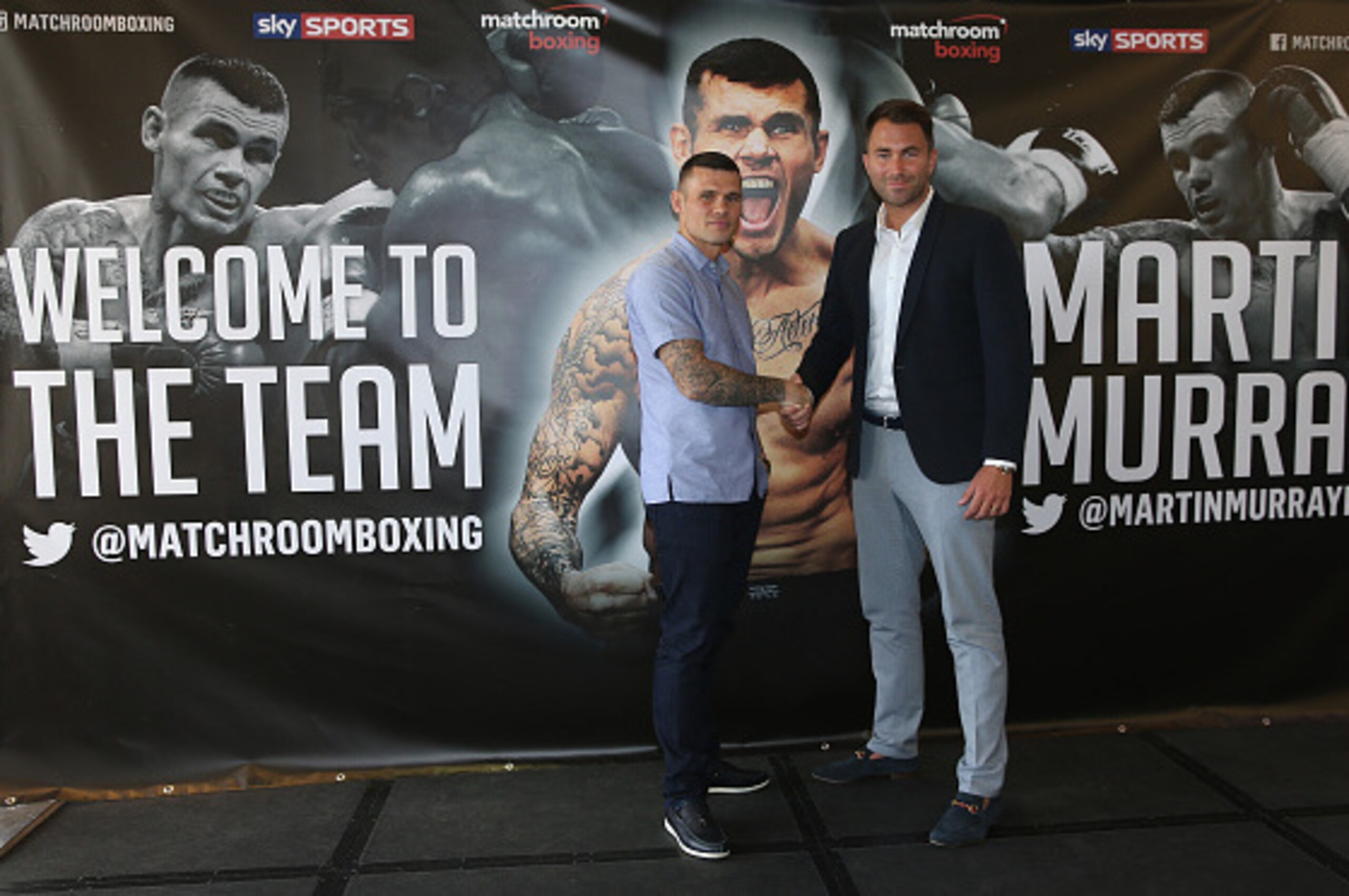 LONDON, ENGLAND - JUNE 10:  Martin Murray of England (left) and Eddie Hearn of Matchroom Boxing pose for a photograph during a press conference at Glaziers Hall on June 10, 2015 in London, England.  (Photo by Andrew Redington/Getty Images)