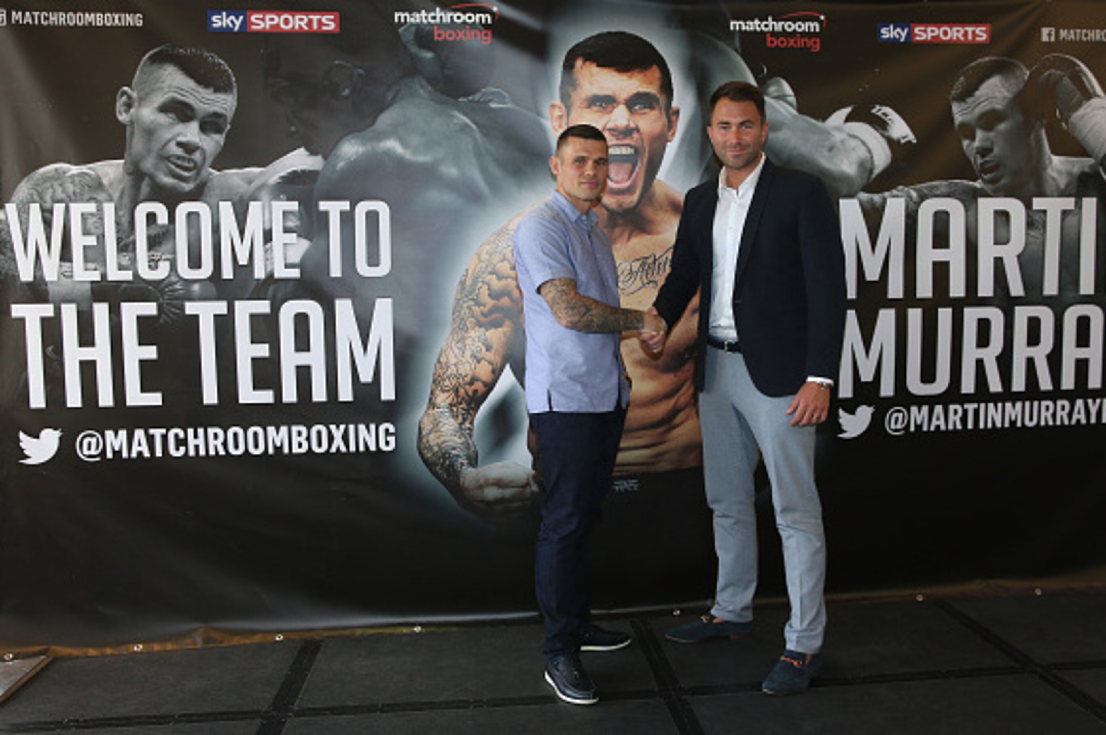 LONDON, ENGLAND - JUNE 10:  Martin Murray of England (left) and Eddie Hearn of Matchroom Boxing pose for a photograph during a press conference at Glaziers Hall on June 10, 2015 in London, England.  (Photo by Andrew Redington/Getty Images)