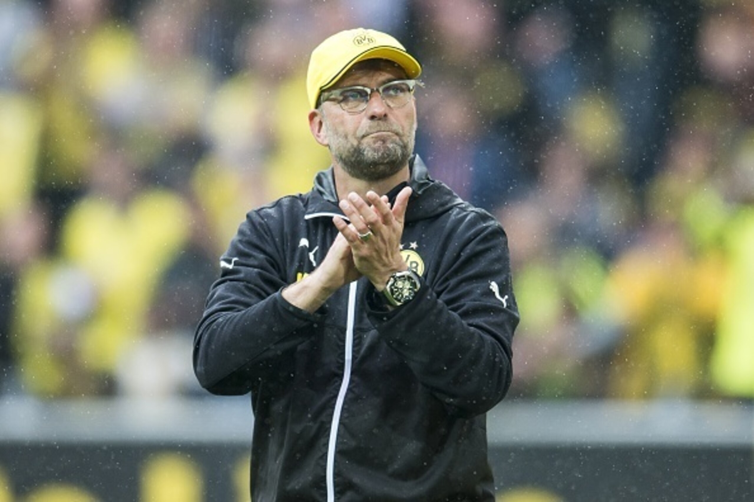 coach Jurgen Klopp of Borussia Dortmund thanks the supporters during the Bundesliga match between Borussia Dortmund and Werder Bremen on May 23, 2015 at the Signal Iduna Park in Dortmund, Germany.(Photo by VI Images via Getty Images)