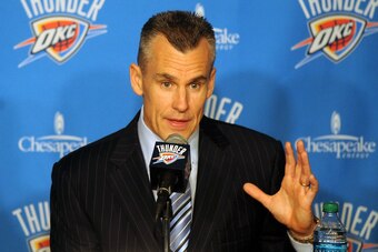 May 1, 2015; Oklahoma City, OK, USA; Oklahoma City Thunder new head coach Billy Donovan speaks to the media at Chesapeake Energy Arena. Mandatory Credit: Mark D. Smith-USA TODAY Sports