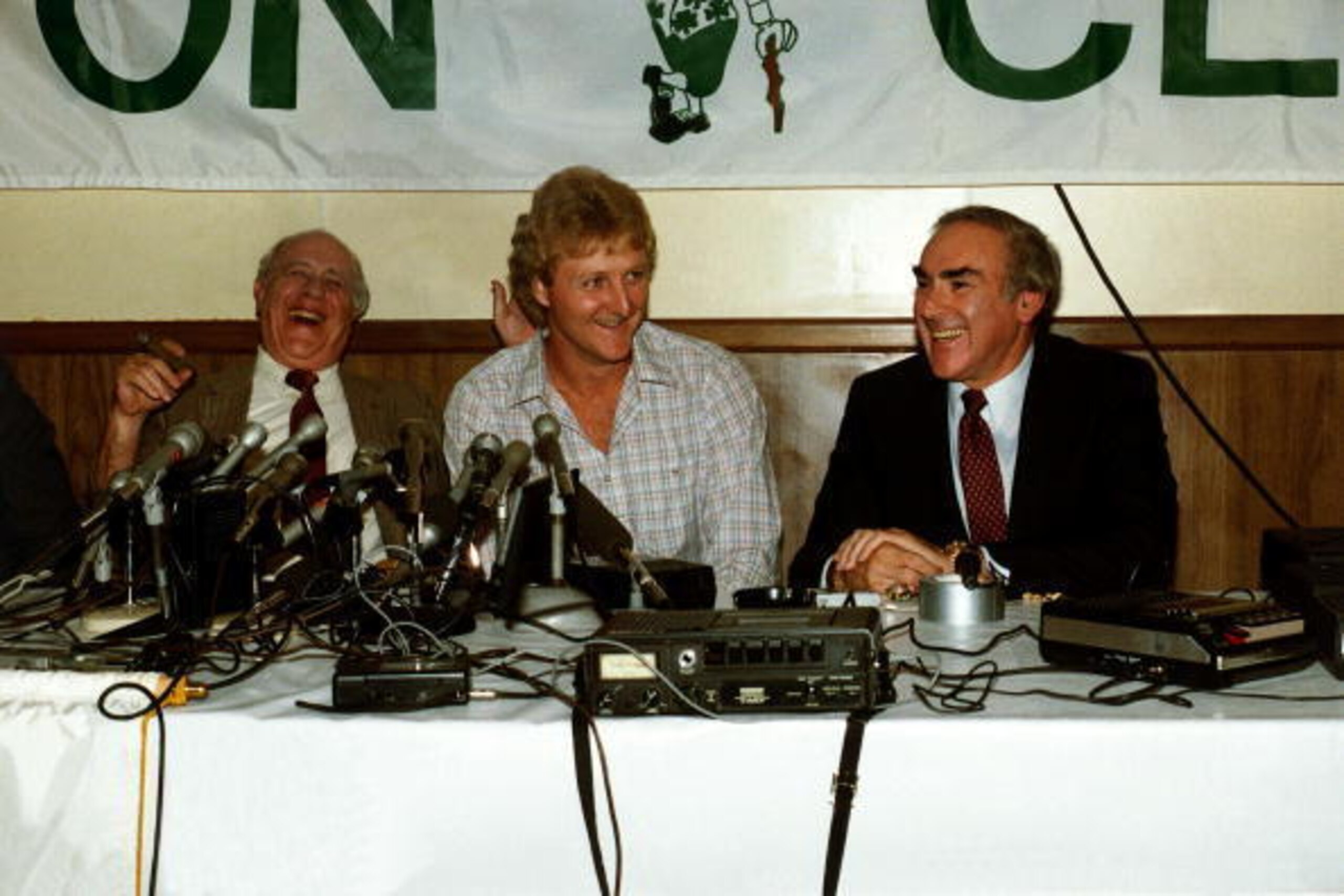 BOSTON - 1979:  Red Auerbach, Larry Bird and Bob Wolf of the Boston Celtics during Bird's contract signing in Boston, Masachussetts in 1979.  NOTE TO USER: User expressly acknowledges and agrees that, by downloading and/or using this Photograph, User is c
