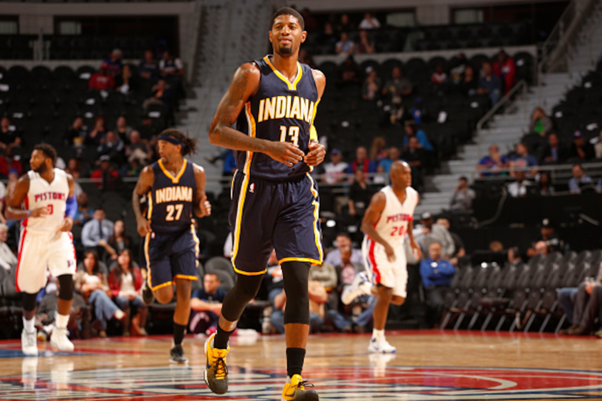 AUBURN HILLS, MI - OCTOBER 6: Paul George #13 of the Indiana Pacers during the preseason game against the Detroit Pistons on October 6, 2015 at The Palace of Auburn Hills in Auburn Hills, Michigan. NOTE TO USER: User expressly acknowledges and agrees that