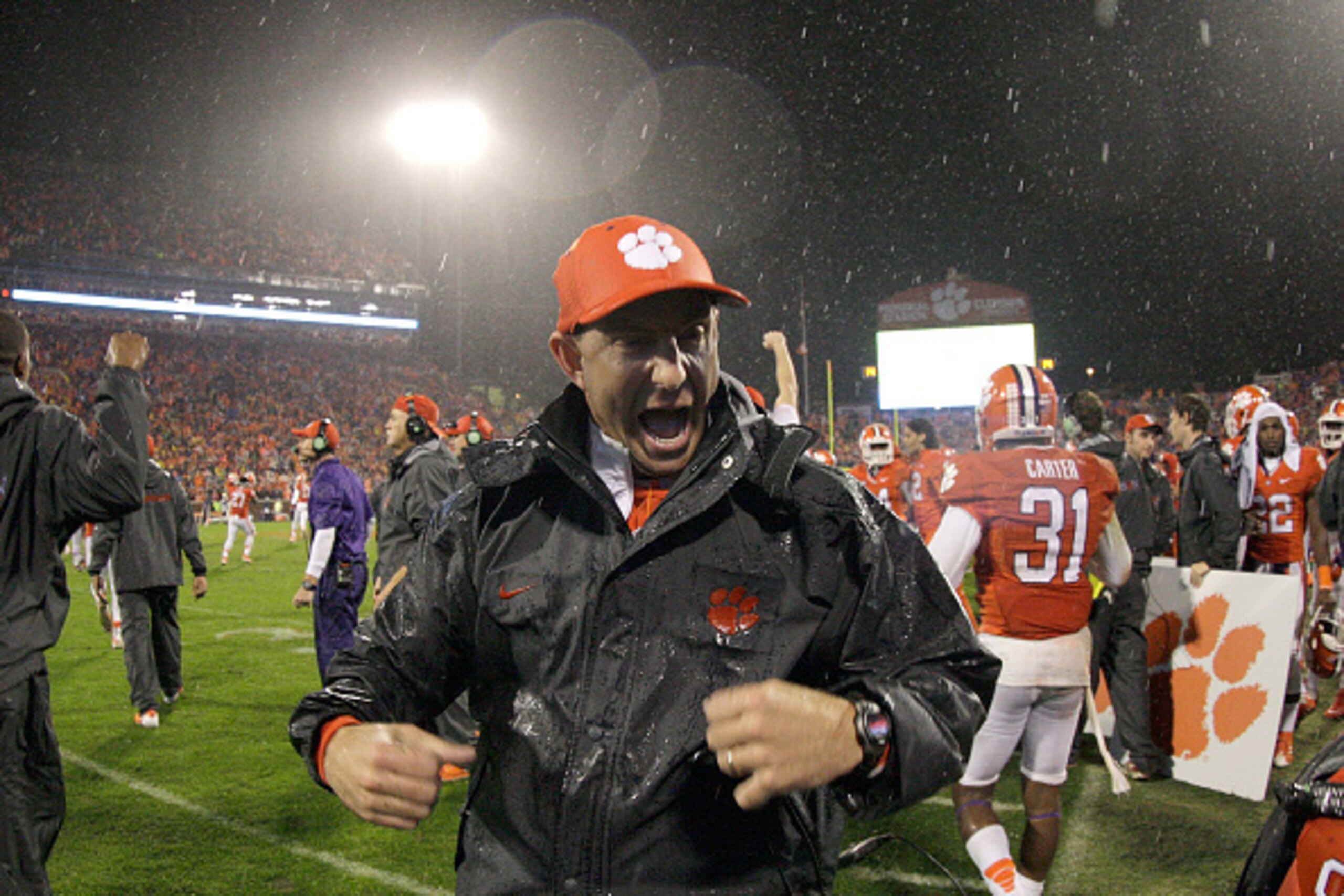 CLEMSON, SC - OCTOBER 3: Head Coach Dabo Swinney of the Cemson Tigers celebrates after defeating the Notre Dame Fighting Irish 24-22 at Clemson Memorial Stadium on October 3, 2015 in Clemson, South Carolina. (Photo by Tyler Smith/Getty Images)