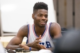 Sep 28, 2015; Galloway, NJ, USA; Philadelphia 76ers center Nerlens Noel (4) talks with the media during media day at Stockton Seaview Hotel. Mandatory Credit: Bill Streicher-USA TODAY Sports