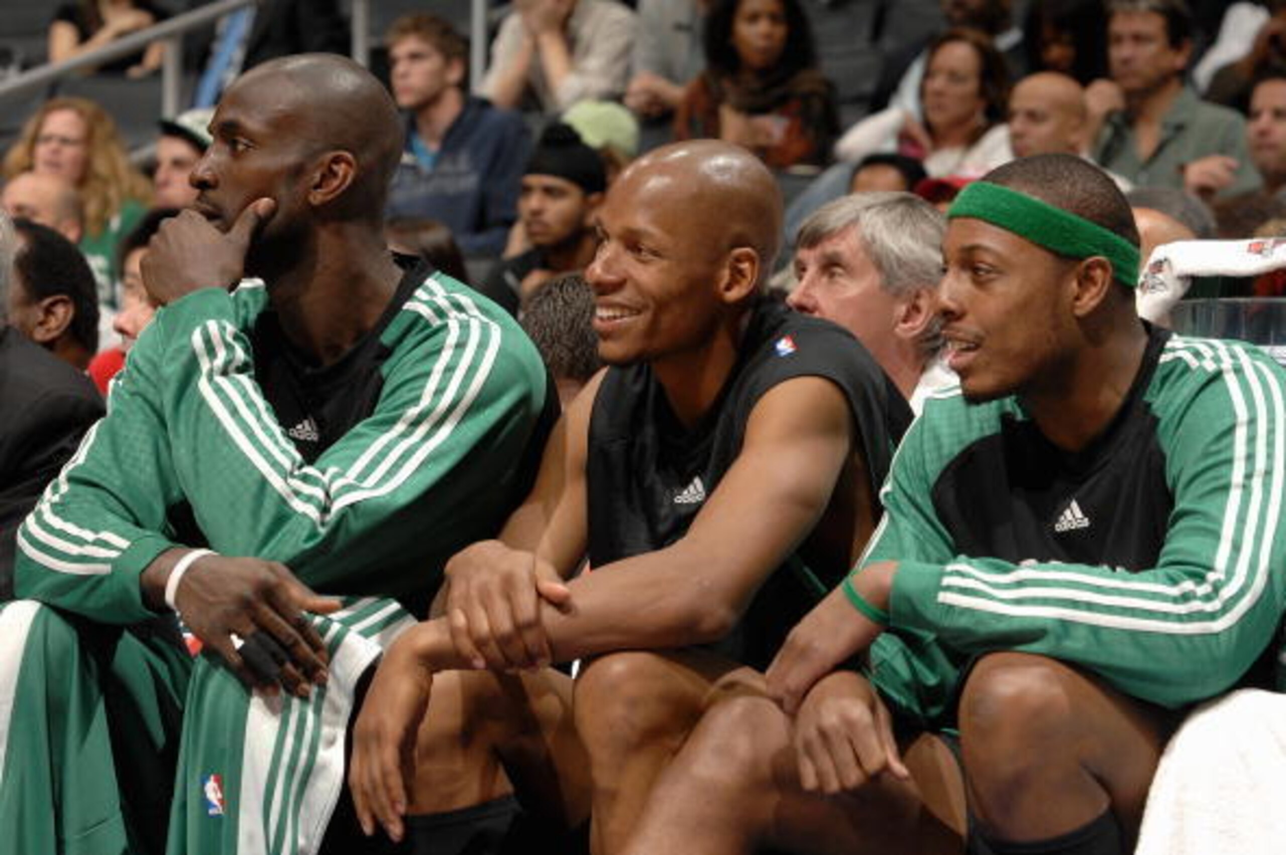 LOS ANGELES - FEBRUARY 25:  (L-R) Kevin Garnett #5, Ray Allen #20 and Paul Pierce #34 of the Boston Celtics watch the action from the bench during the game against the Los Angeles Clippers on February 25, 2007 at Staples Center in Los Angeles, California.