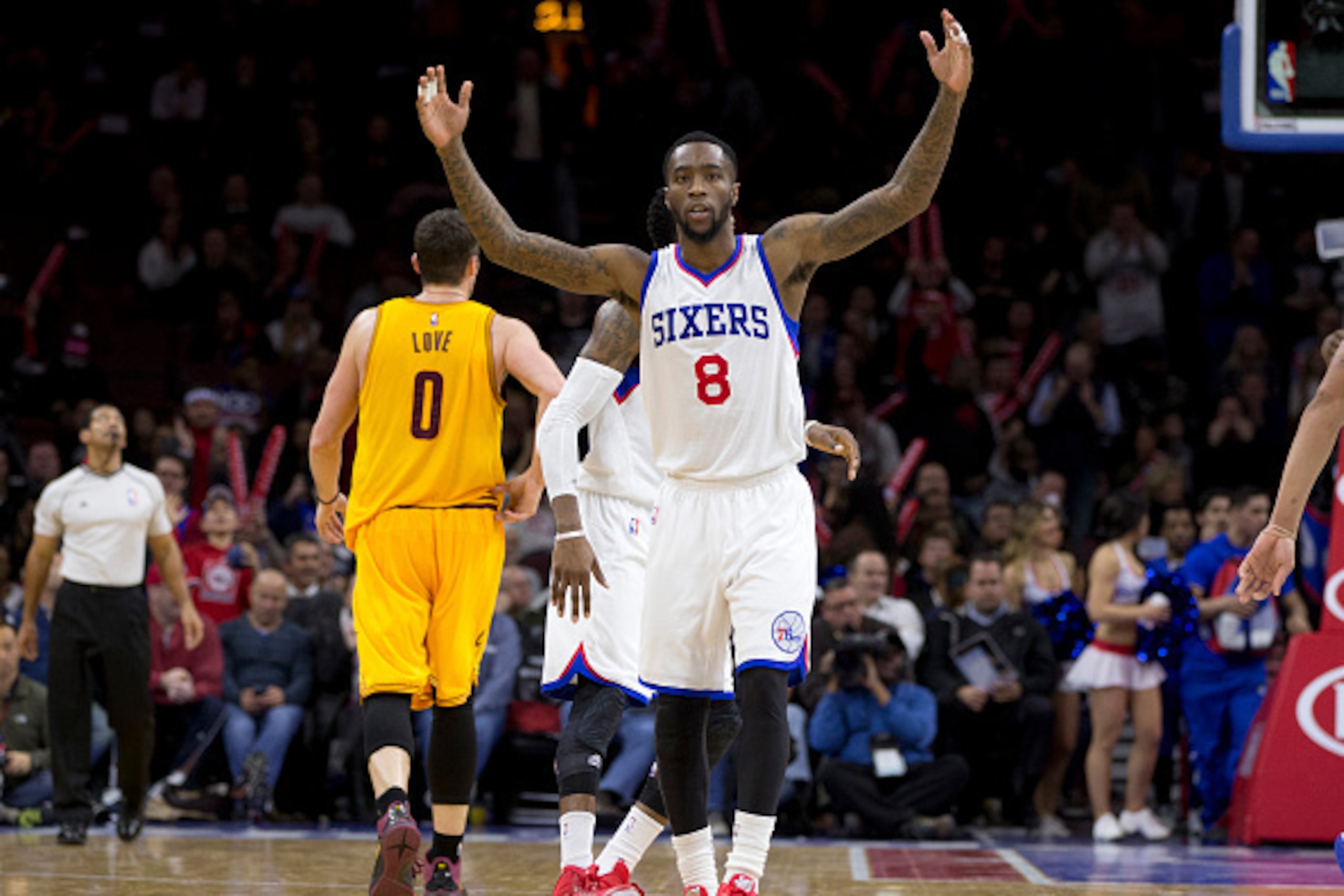 PHILADELPHIA, PA - JANUARY 5: Tony Wroten #8 of the Philadelphia 76ers reacts in the game against the Cleveland Cavaliers on January 5, 2015 at the Wells Fargo Center in Philadelphia, Pennsylvania. NOTE TO USER: User expressly acknowledges and agrees that