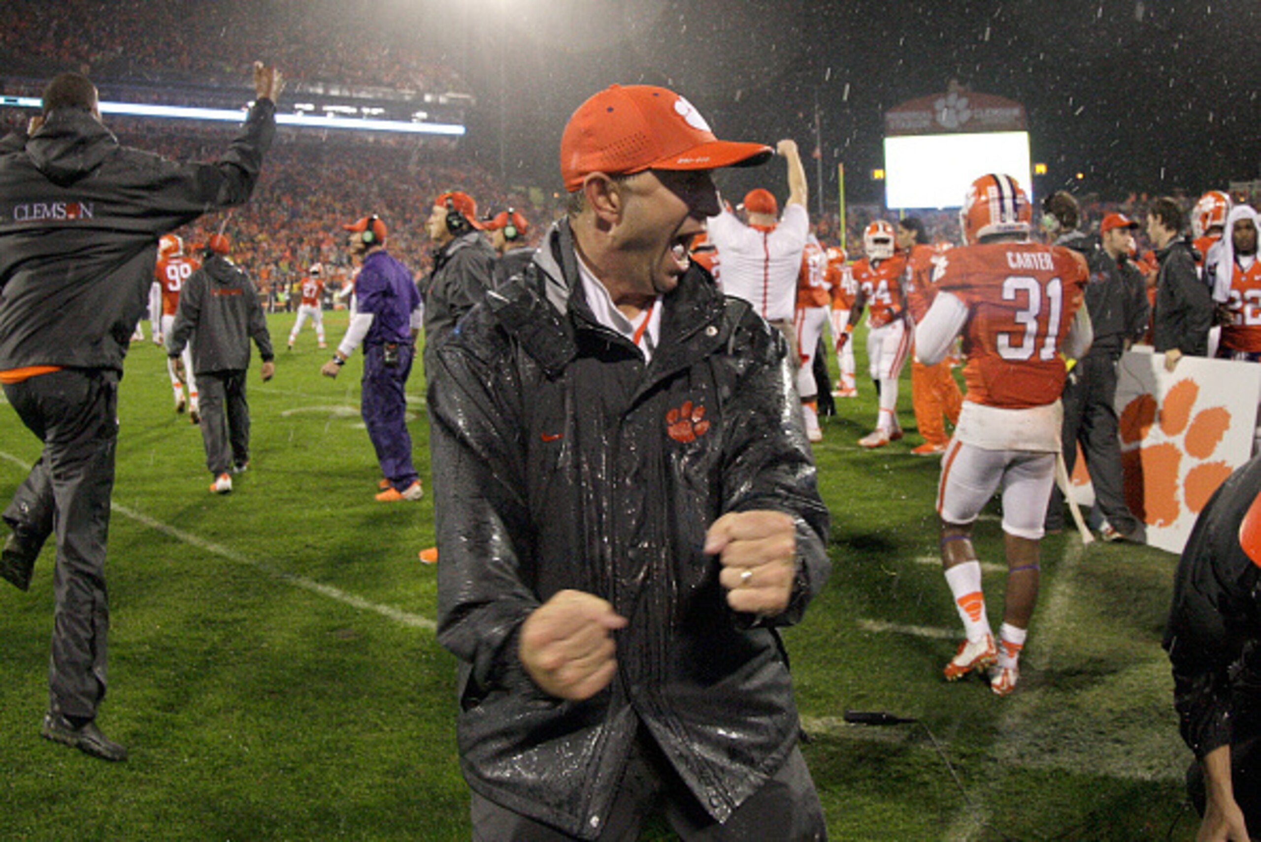 CLEMSON, SC - OCTOBER 3: Head Coach Dabo Swinney of the Cemson Tigers celebrates after defeating the Notre Dame Fighting Irish 24-22 at Clemson Memorial Stadium on October 3, 2015 in Clemson, South Carolina. (Photo by Tyler Smith/Getty Images) CLEMSON, SC - OCTOBER 3: Head Coach Dabo Swinney of the Cemson Tigers celebrates after defeating the Notre Dame Fighting Irish 24-22 at Clemson Memorial Stadium on October 3, 2015 in Clemson, South Carolina. (Photo by Tyler Smith/Getty Images)