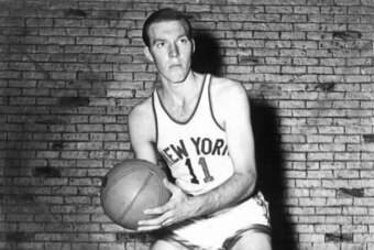 NEW YORK - 1950:  Harry Gallatin #11 of the New York Knicks poses for a mock action portrait in 1950 in New York, New York.  NOTE TO USER: User expressly acknowledges and agrees that, by downloading and or using this photograph, User is consenting to the 