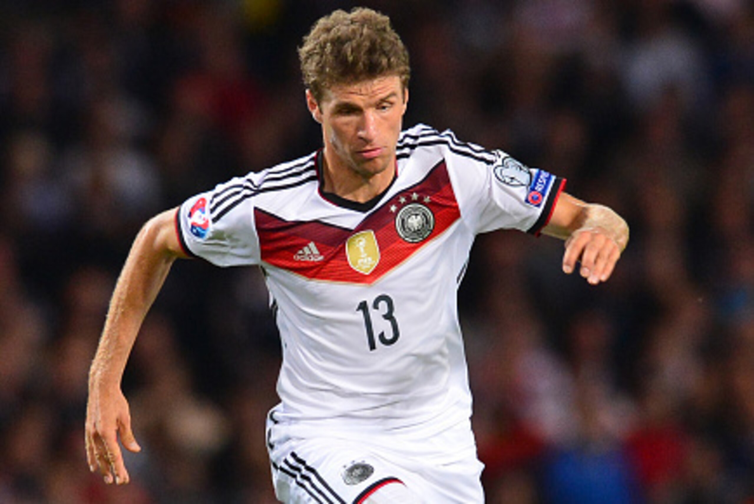 GLASGOW, SCOTLAND - SEPTEMBER 7 : Thomas Muller of Germany in action during the EURO 2016 Qualifier between Scotland and Germany at Hamden Park on September 7, 2015 in Glasgow, Scotland. (Photo by Mark Runnacles/Getty Images)