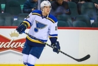 Mar 17, 2015; Calgary, Alberta, CAN; St. Louis Blues left wing Jaden Schwartz (17) skates during the warmup period against the Calgary Flames at Scotiabank Saddledome. St. Louis Blues won 4-0. Mandatory Credit: Sergei Belski-USA TODAY Sports